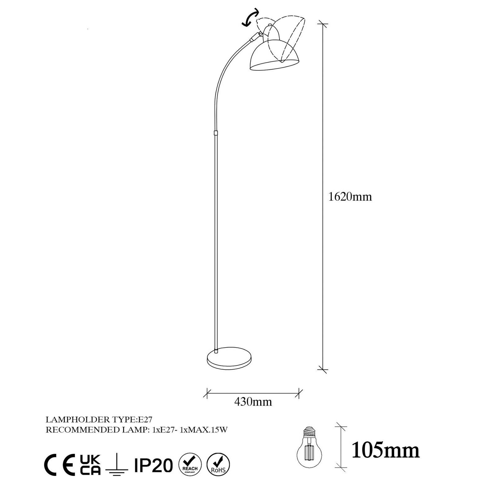 Varzan floor lamp, gold, metal, height 162 cm, E27