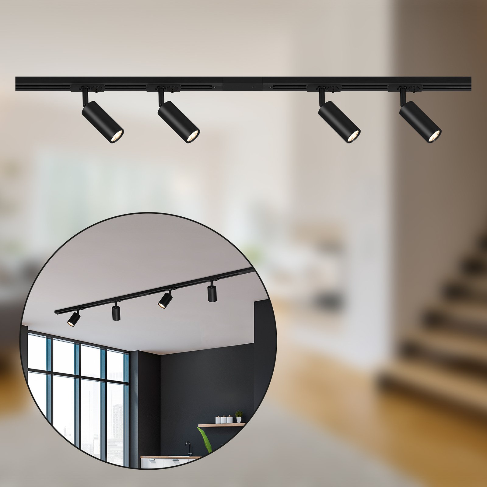 HV LED track lighting system Rail, spots, black, 4-bulb, length 1.5m