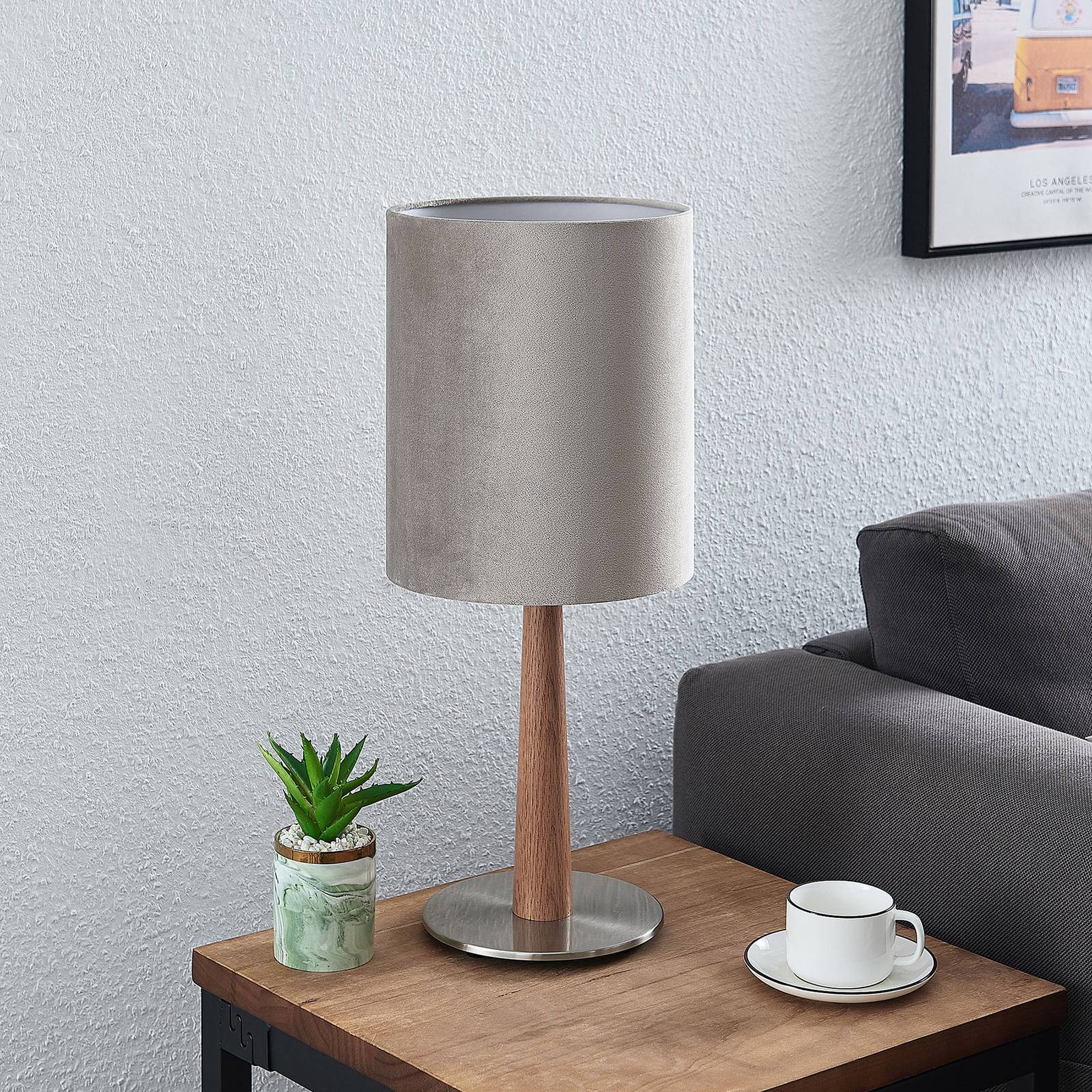 Lucande Heily table lamp, cylinder, 30 cm, grey