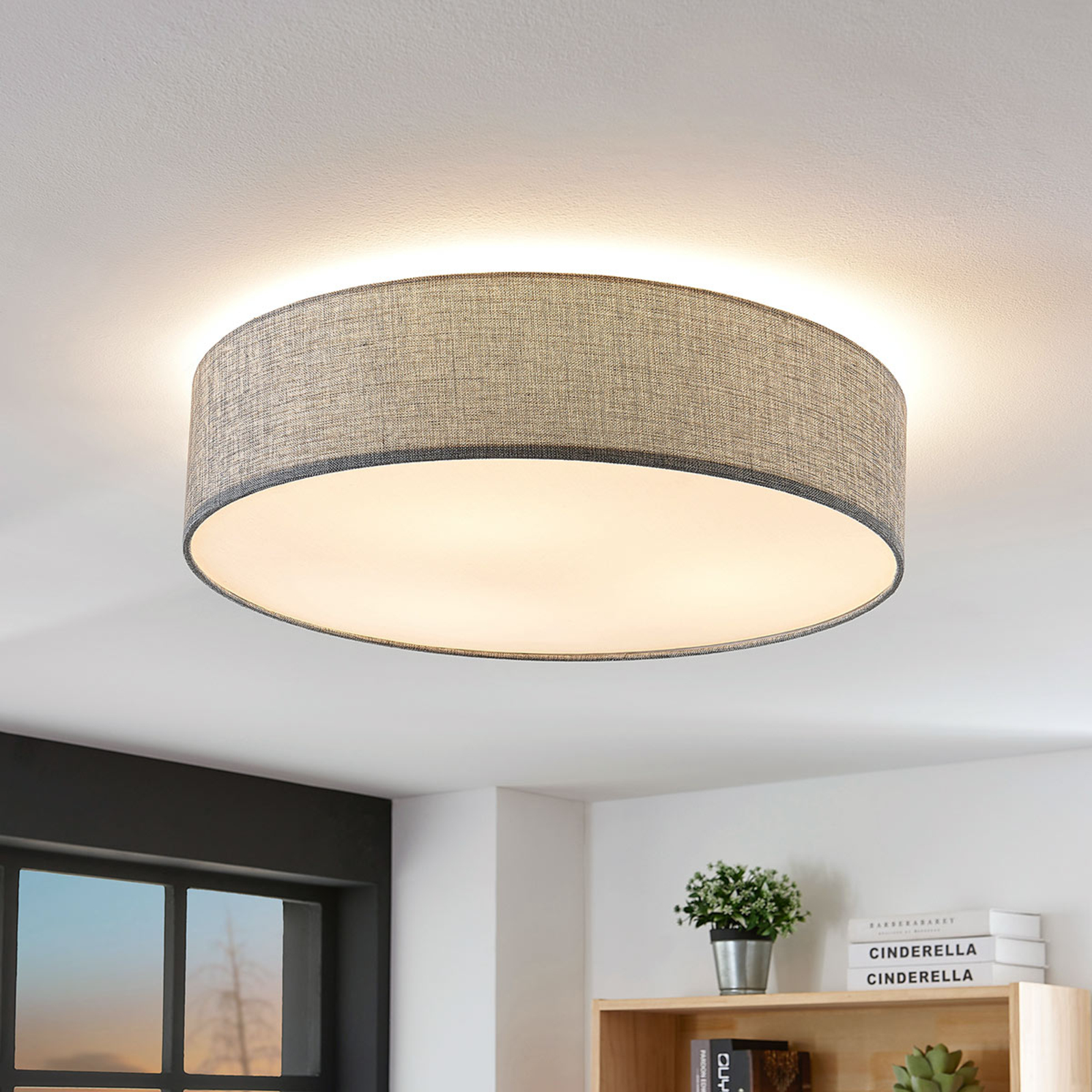 Deckenlampe Gordana Rund Leinen Grau 57 cm Lampenwelt Deckenleuchte Flurleuchte 
