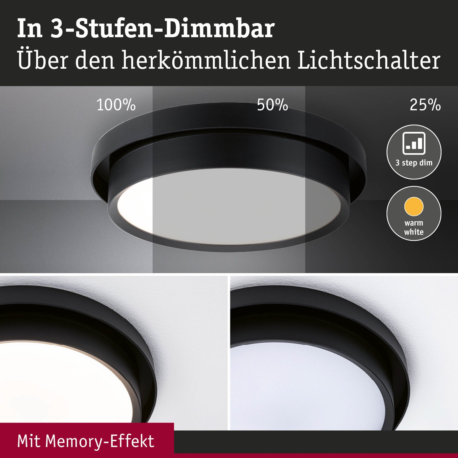 Malik LED Plafondlamp 3-step Dim. Matt Zwart - Paulmann