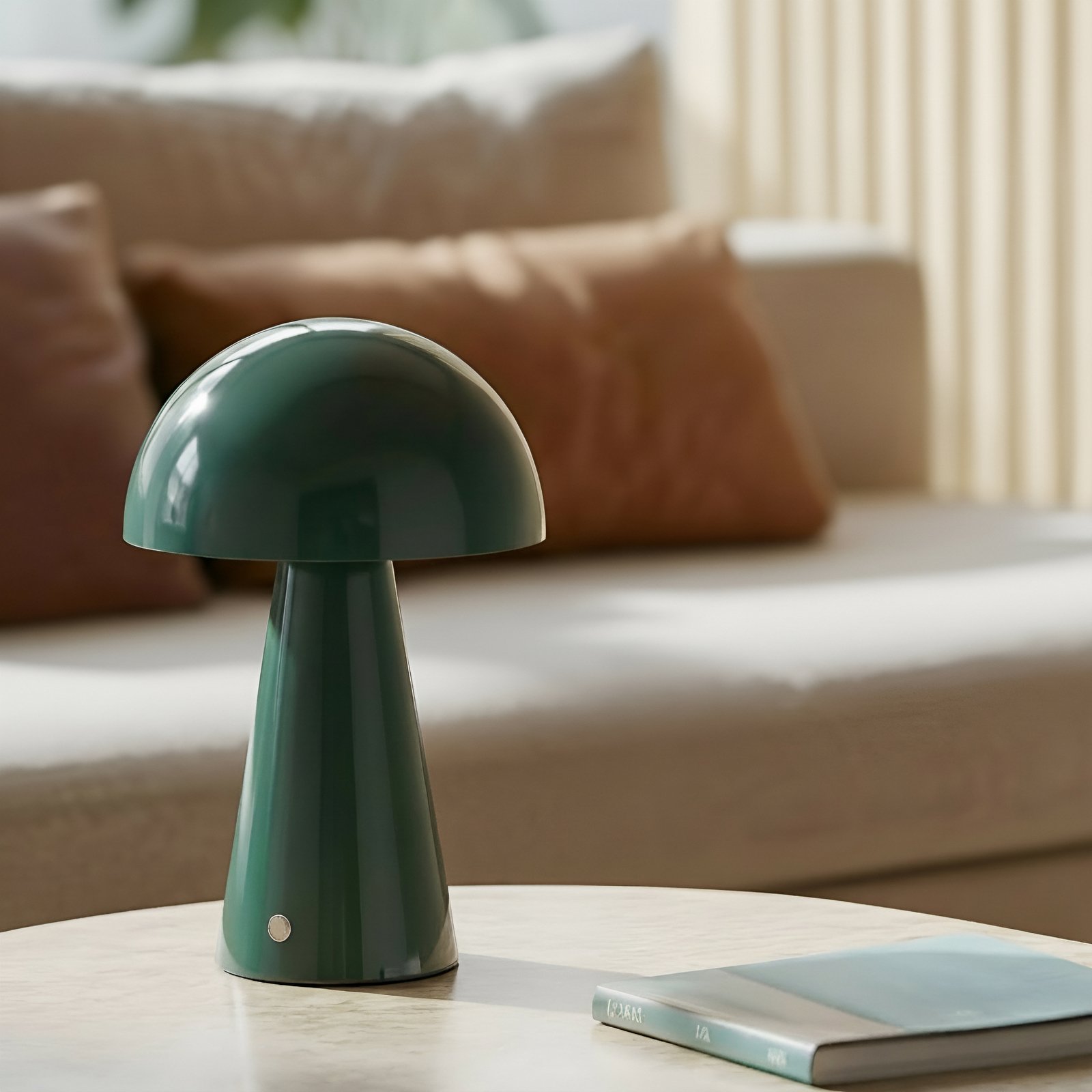 Lindby LED dobíjecí stolní lampa Nevijo, zelená, Ø20 cm, USB, stmívač