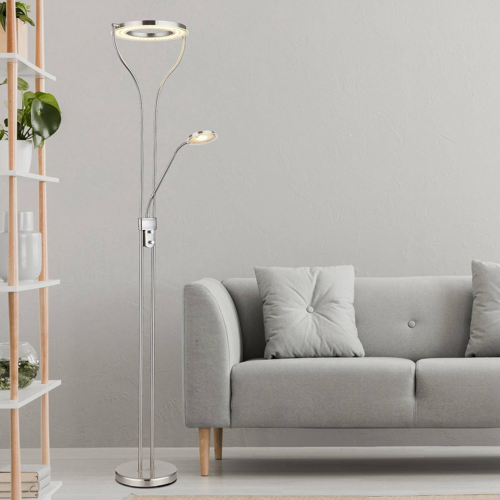 Lampa stojąca LED Ebro, wysokość 194 cm, kolor nikiel, 2-punktowa.