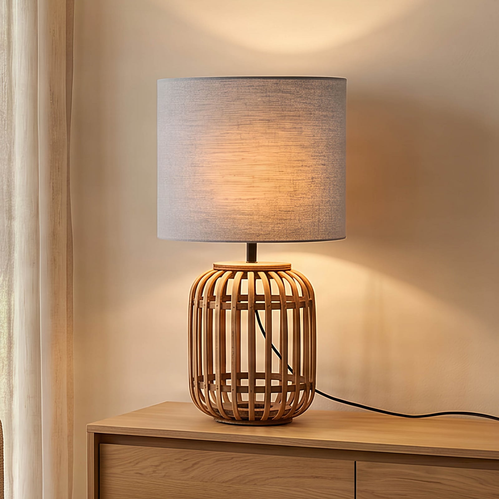Lindby stolna lampa Marzanna, siva, bambus, 42,5 cm, E27