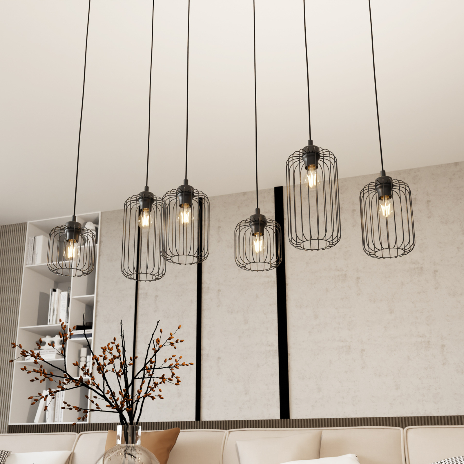 Suspension Vander, 6 lampes, 115 cm, noir, métal, E27