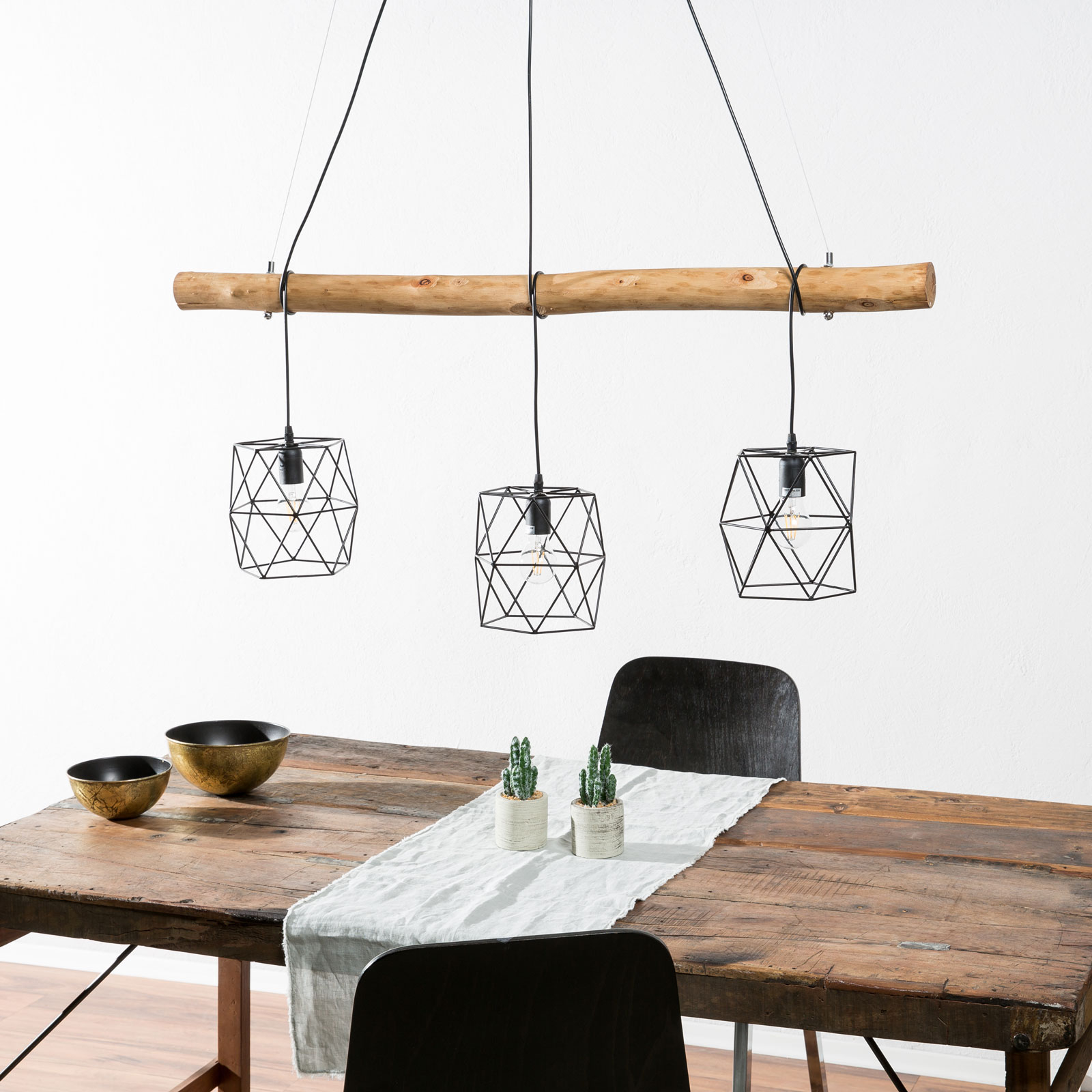 Vintage Pendelleuchte Edgar mit Holzbalken, 3 flg. Vintage Pendelleuchte Edgar mit Holzbalken, 3 flg.