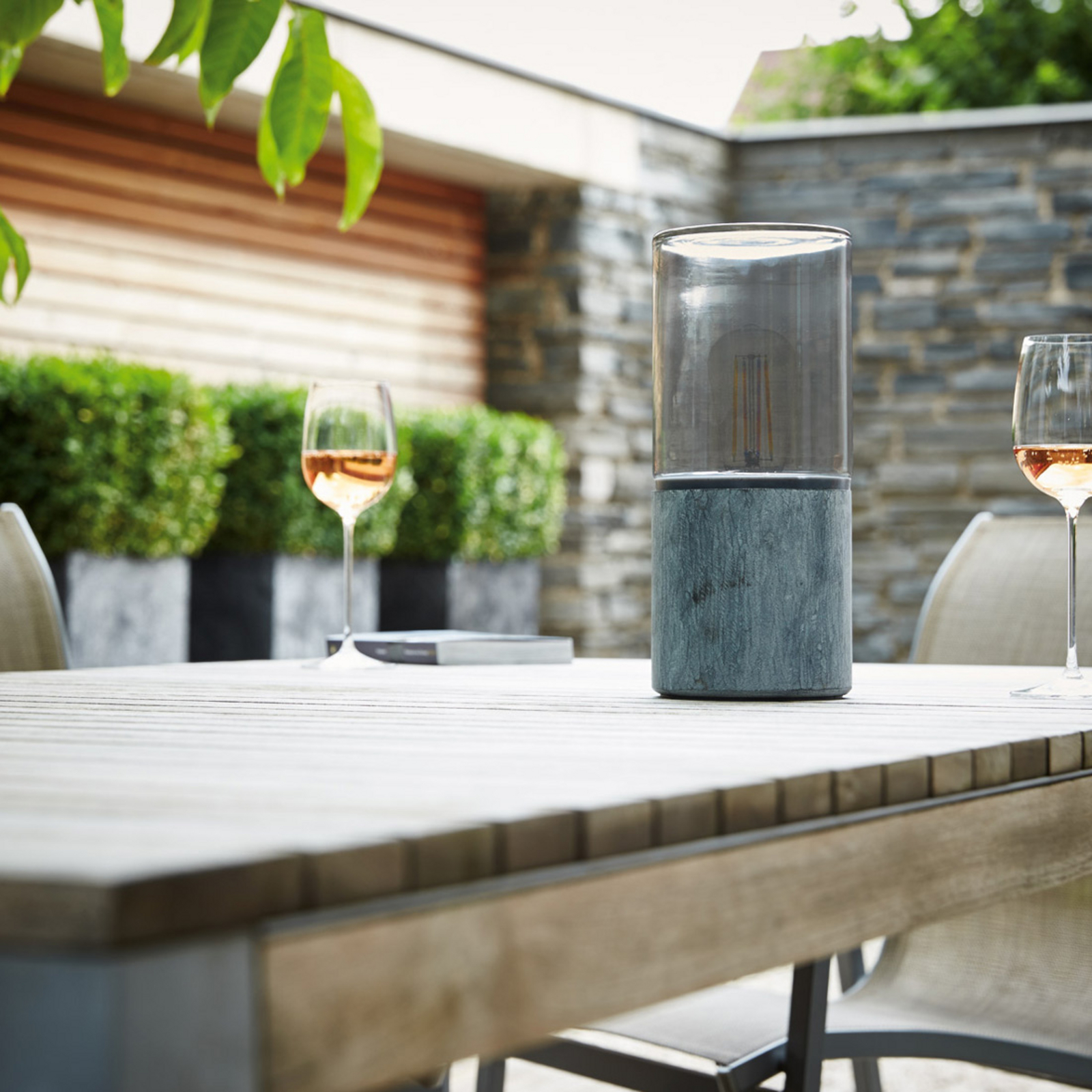 SLV Stone grey Lisenne-O outdoor table lamp, IP44, Basalt, glass, E27, 23 W, energy efficiency: A++, H: 28.5 cm