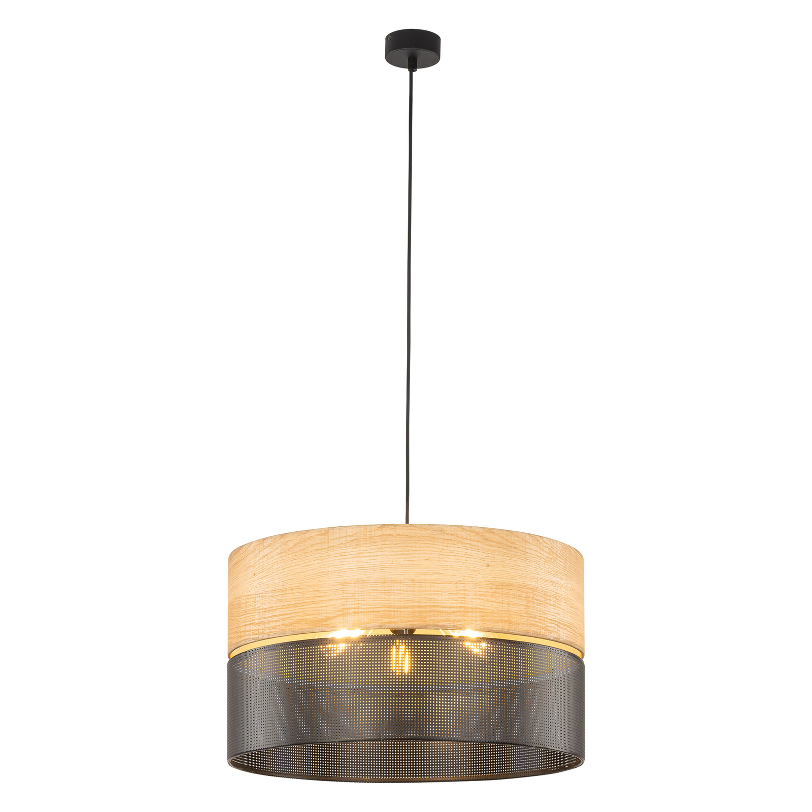 Nicol hanging light, black/wood-effect, Ø 50 cm, 1-bulb, 3 x E27