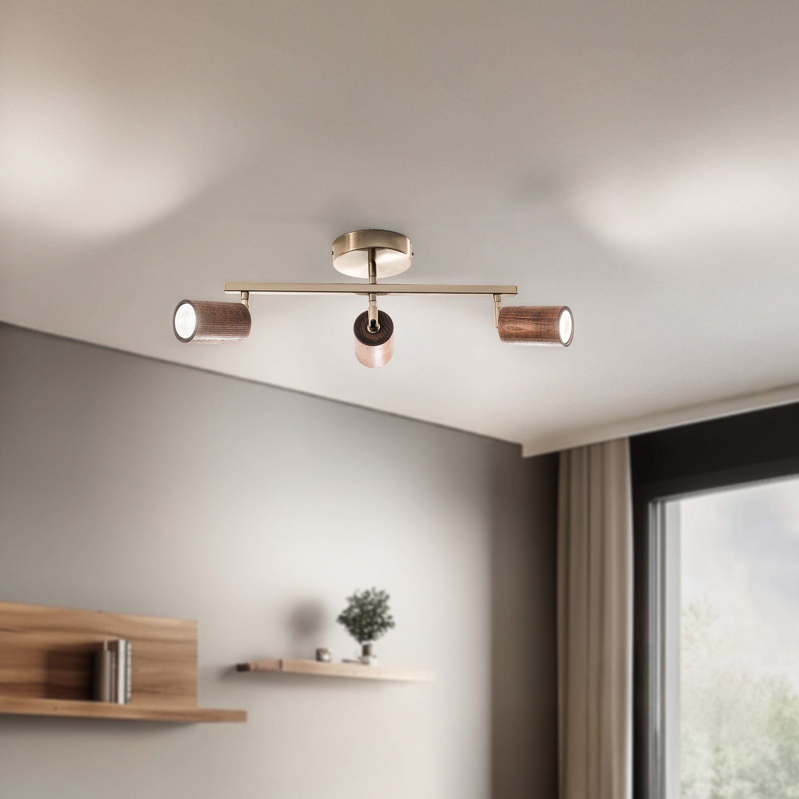 Spot pour plafond Legno, linéaire, à 3 lampes, brun / laiton, bois