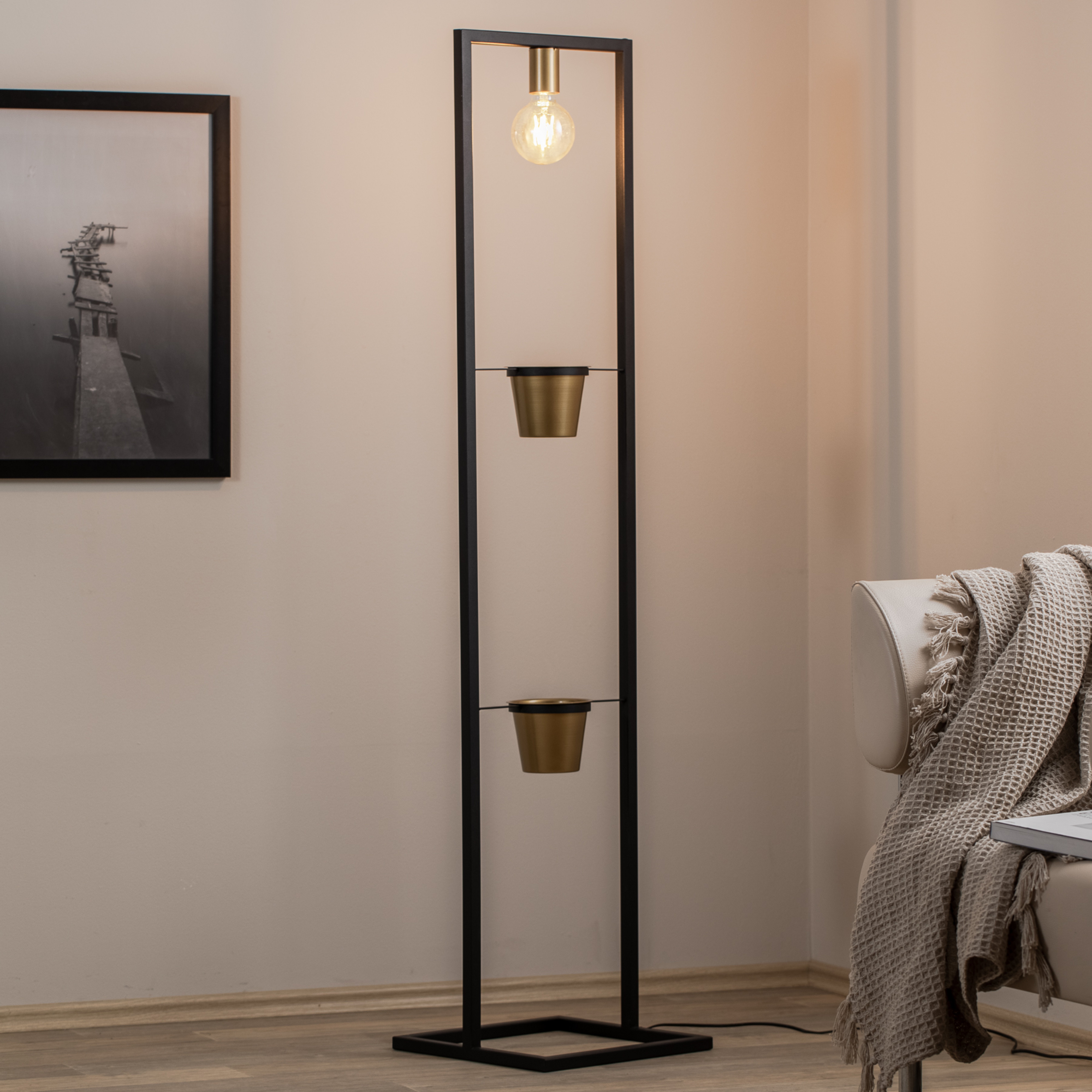 Lampe sur pied Flores, à 1 lampe, noir/or, acier