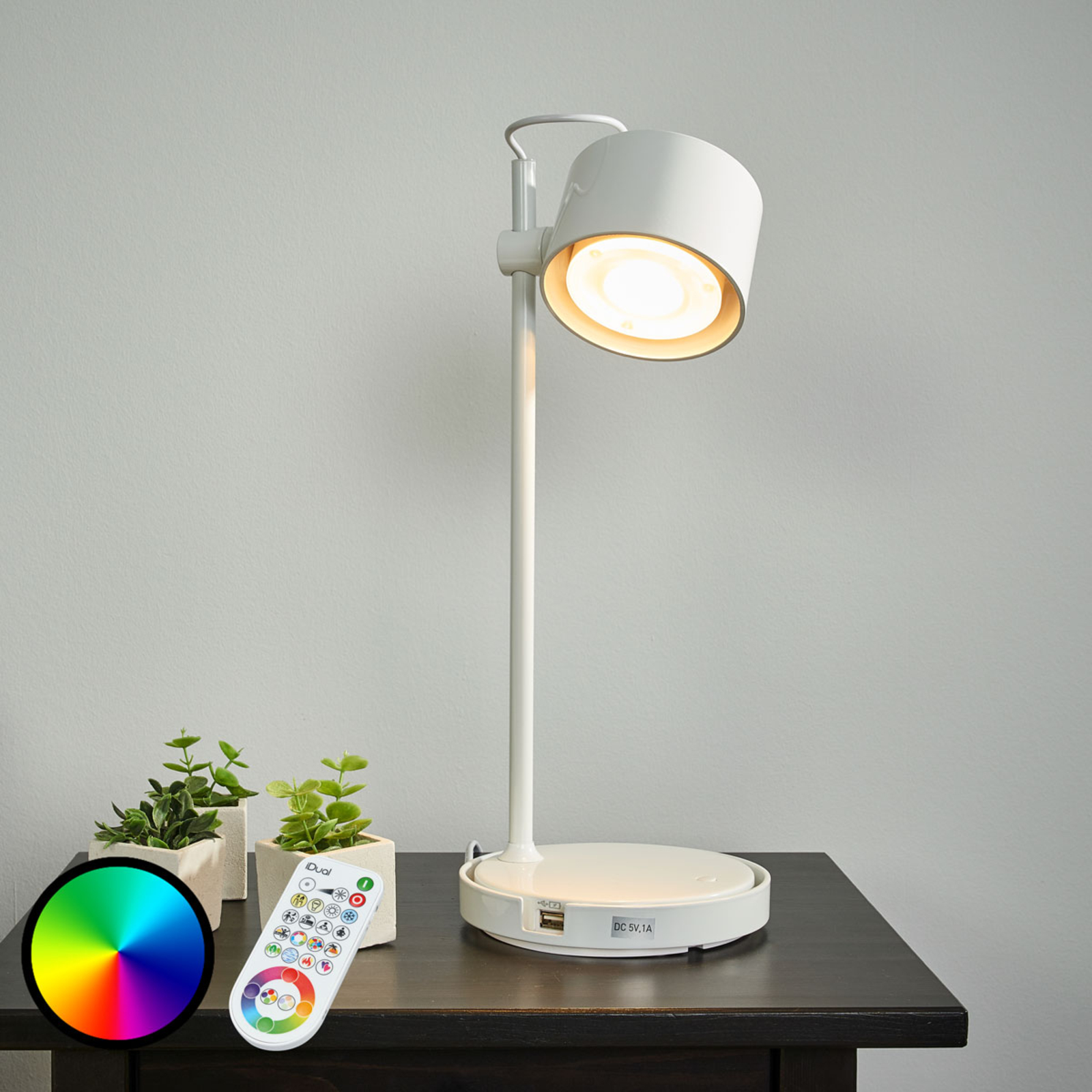 iDual Glossy white Jasmine LED table lamp, for Living / Dining Room, plastic, 6 W, energy efficiency: A+, H: 40.1 cm