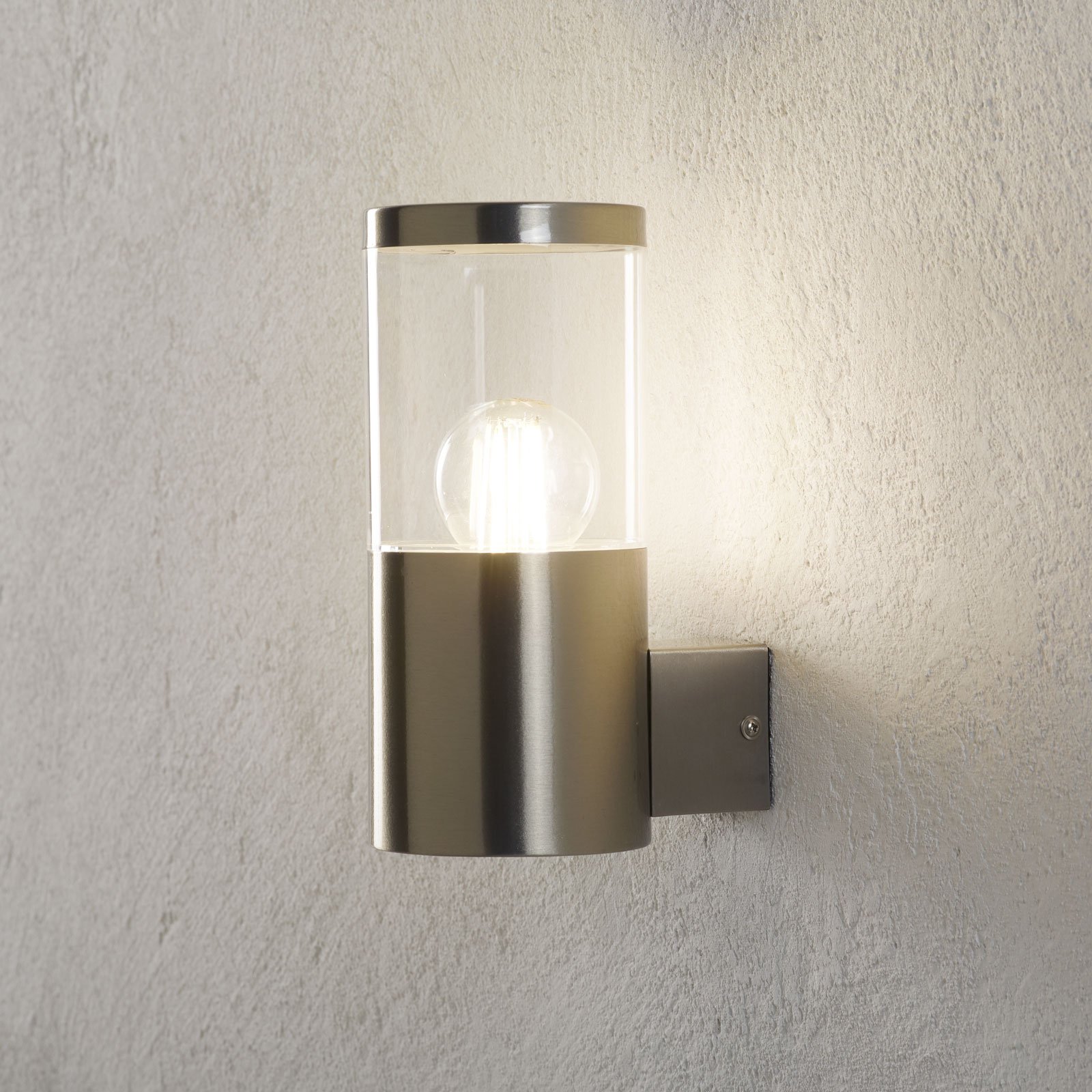 Hanneli stainless steel outdoor wall lamp, linear, Lampenwelt.com, stainless steel, polycarbonate, E27, 40 W, energy efficiency: A++, W: 10.1 cm, H: 23 cm