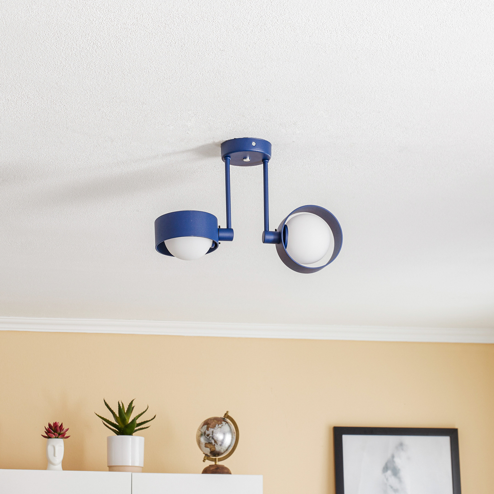 Mado ceiling light, steel, blue, two-bulb