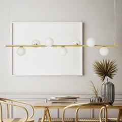 Lampada a sospensione Pomi, a 7 luci, color oro, vetro, lineare