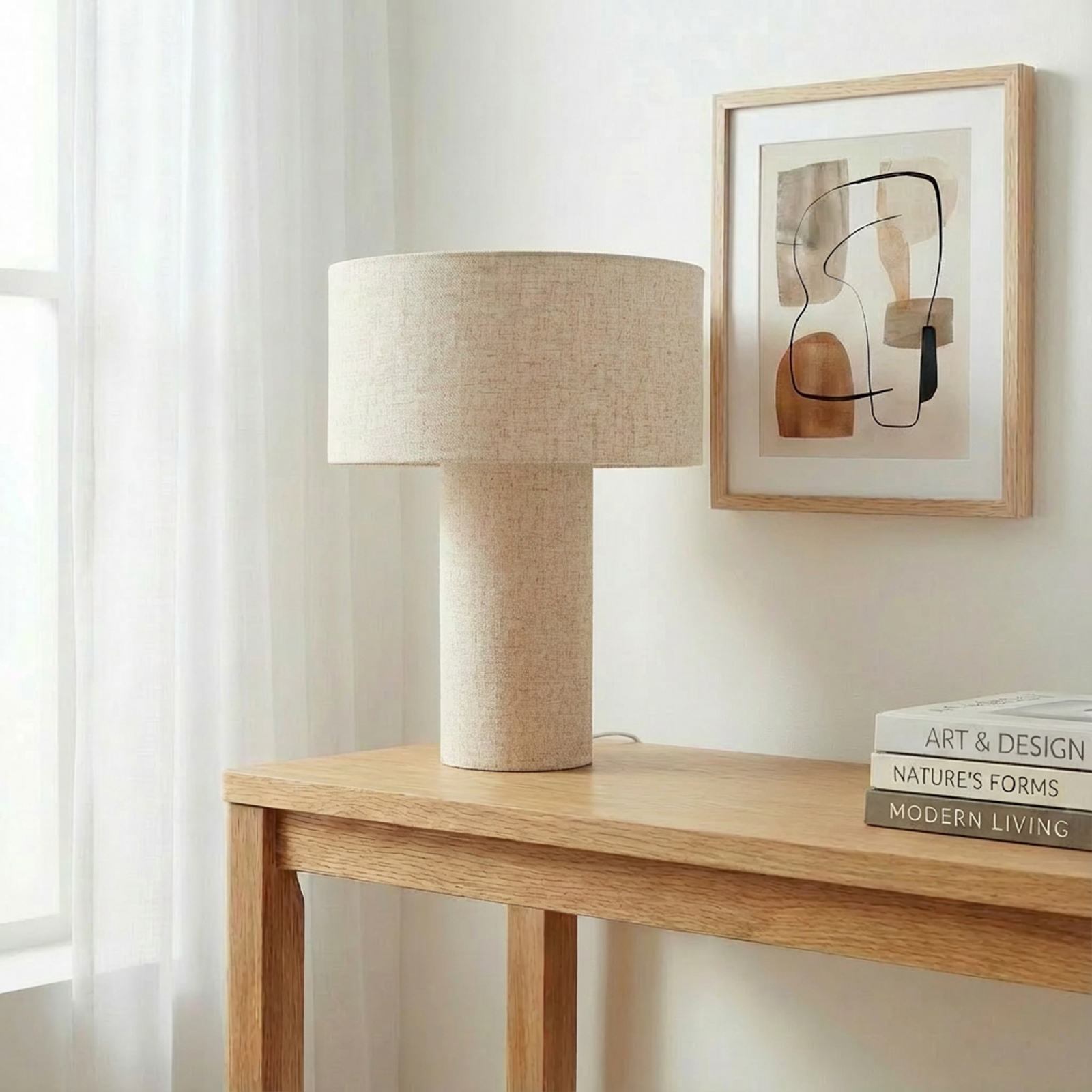 lámpara de mesa Lindby Elfie, Ø 35 cm, beige, lino, E27