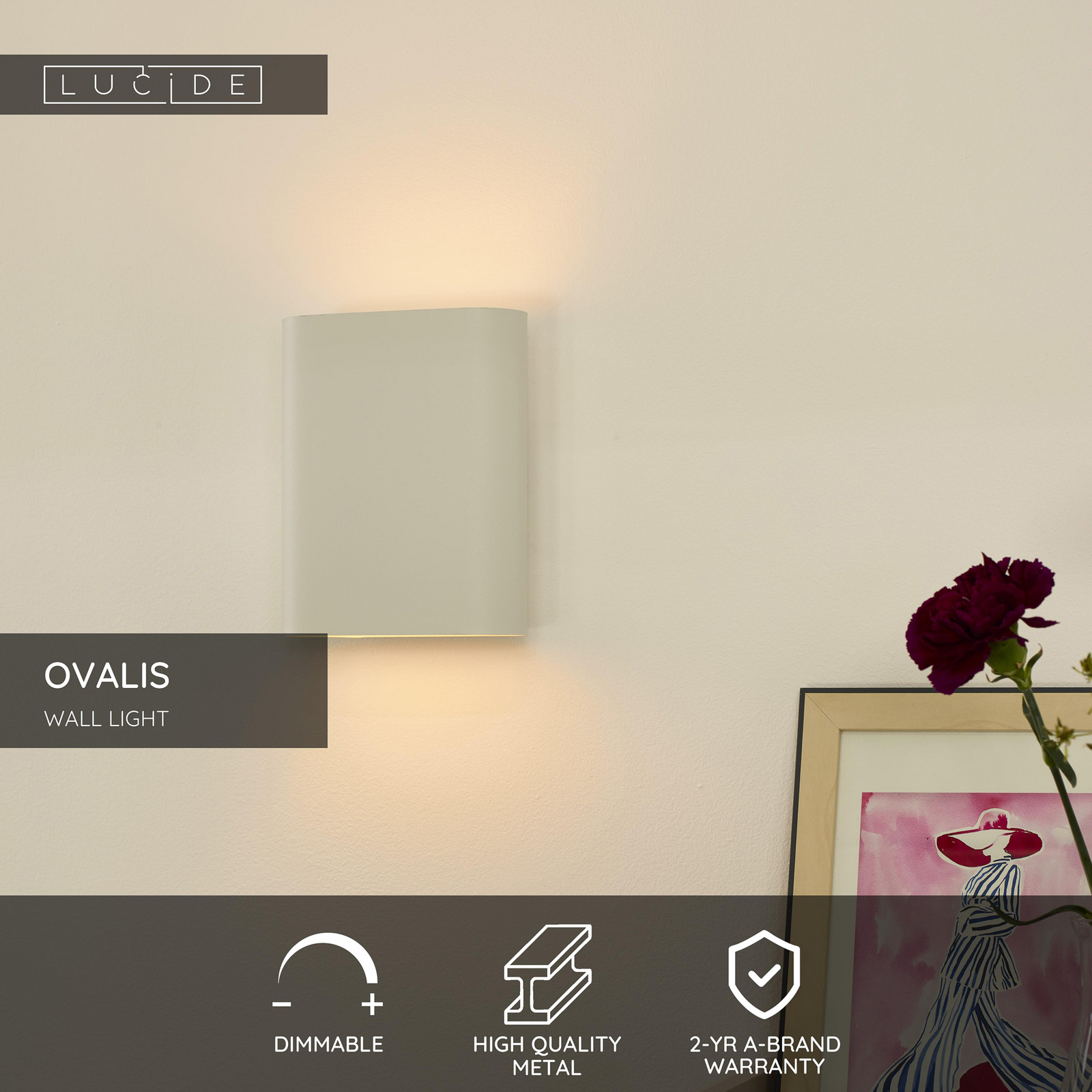 Aplique de pared OVALIS, blanco, altura 20 cm, metal, luz hacia arriba/abajo,