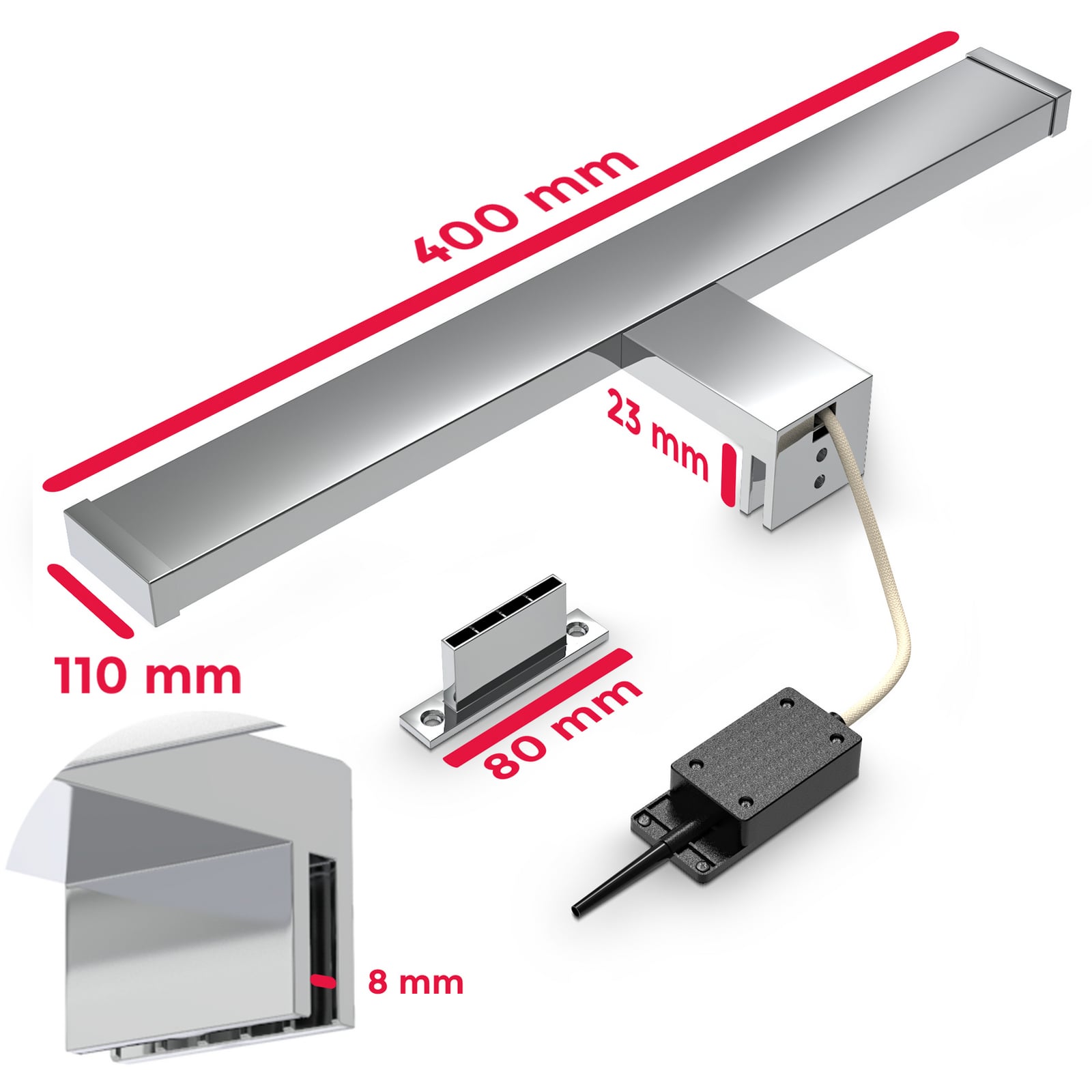LED wandlamp BKL1230, chroom/wit, breedte 40 cm, metaal, IP44 LED wandlamp BKL1230, chroom/wit, breedte 40 cm, metaal, IP44