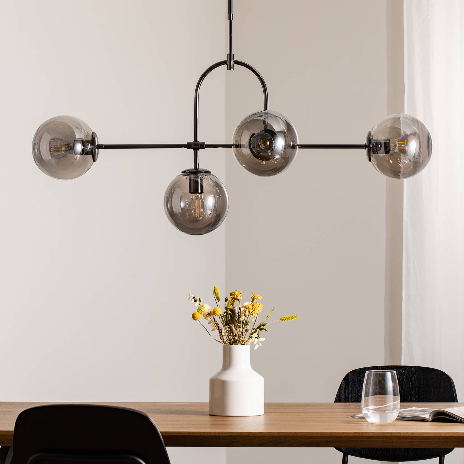 Lampa wisząca Portemo, dymny szary/nikiel, 109x30 cm, 4-punktowa szklana
