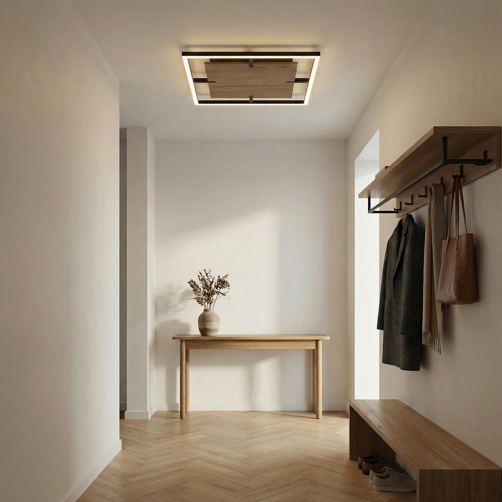 Stropné LED svetlo Lucande Vectra, 50 x 50 cm, drevo, stmievateľné