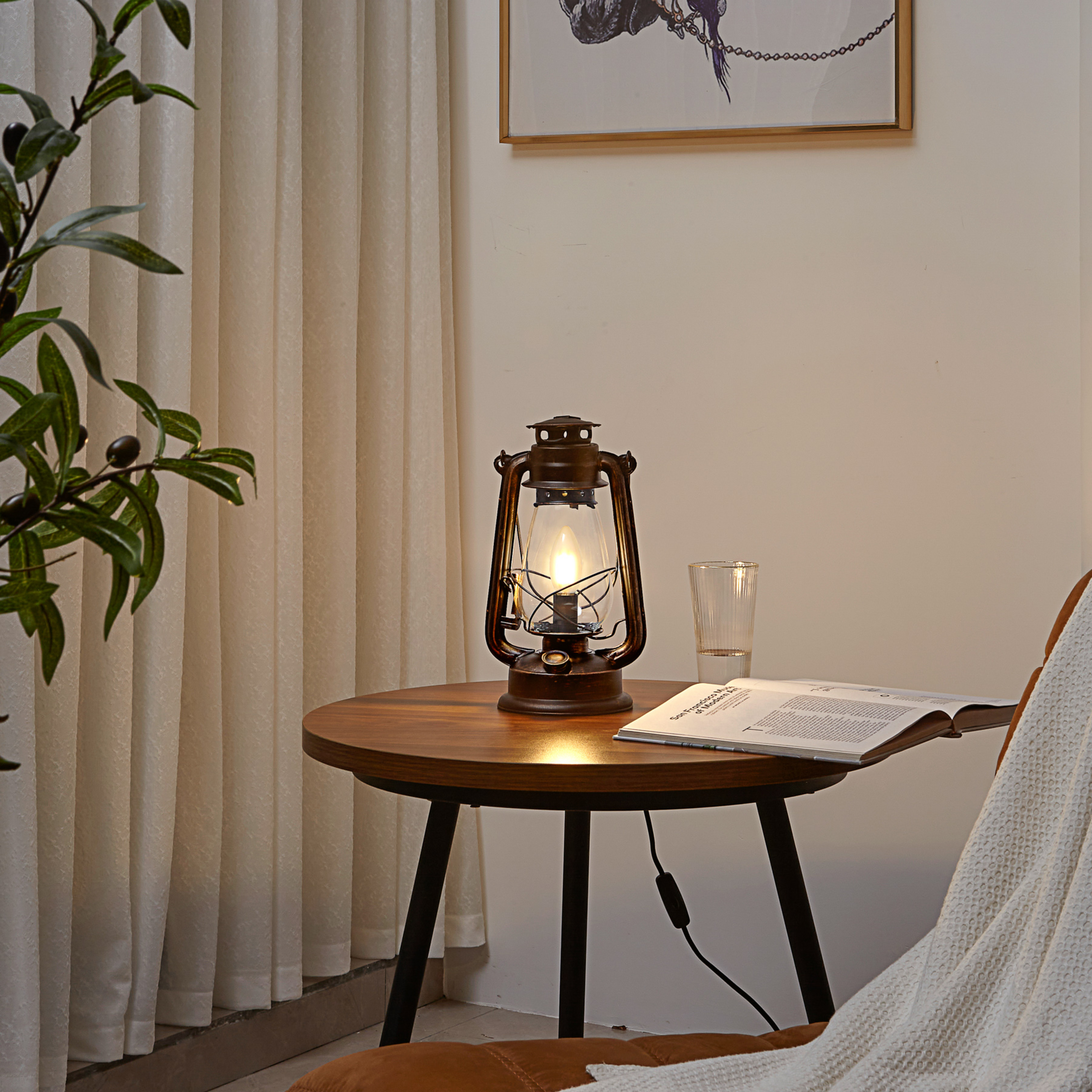 Lindby tafellamp Raisa, roestkleurig, metaal, lantaarn, E14