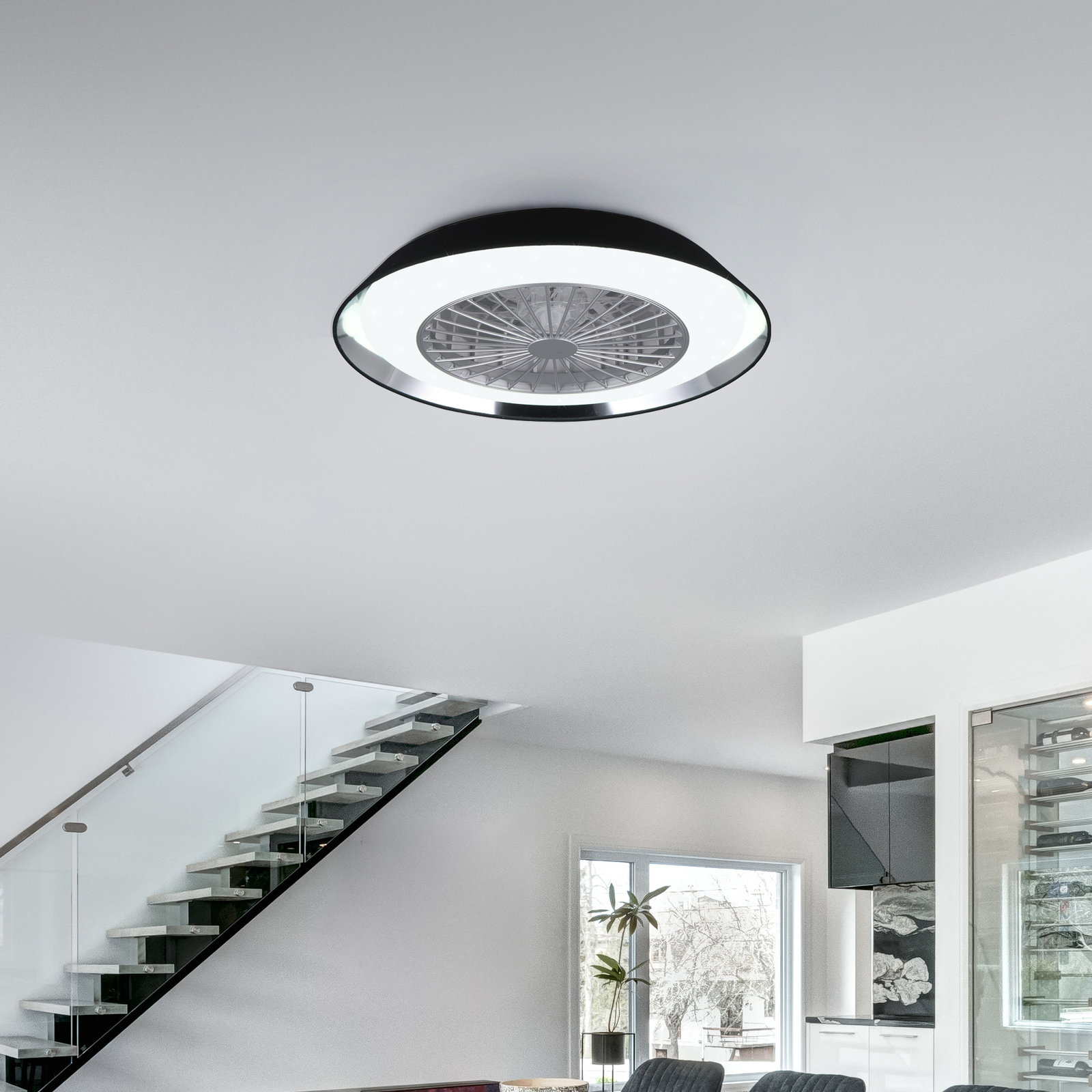 Varberg LED griestu ventilators, kluss, Ø 55 cm, CCT, melns