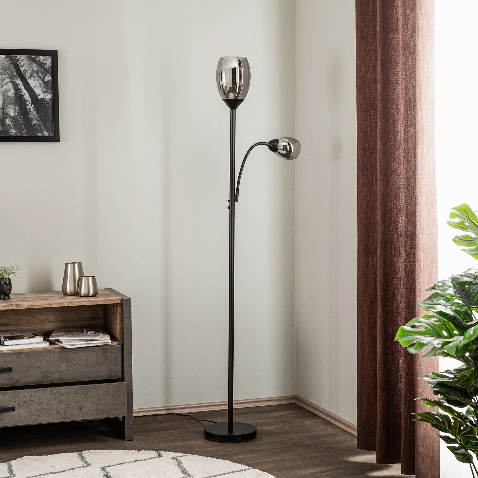 Lindby Irmino floor lamp with smoked glass shades