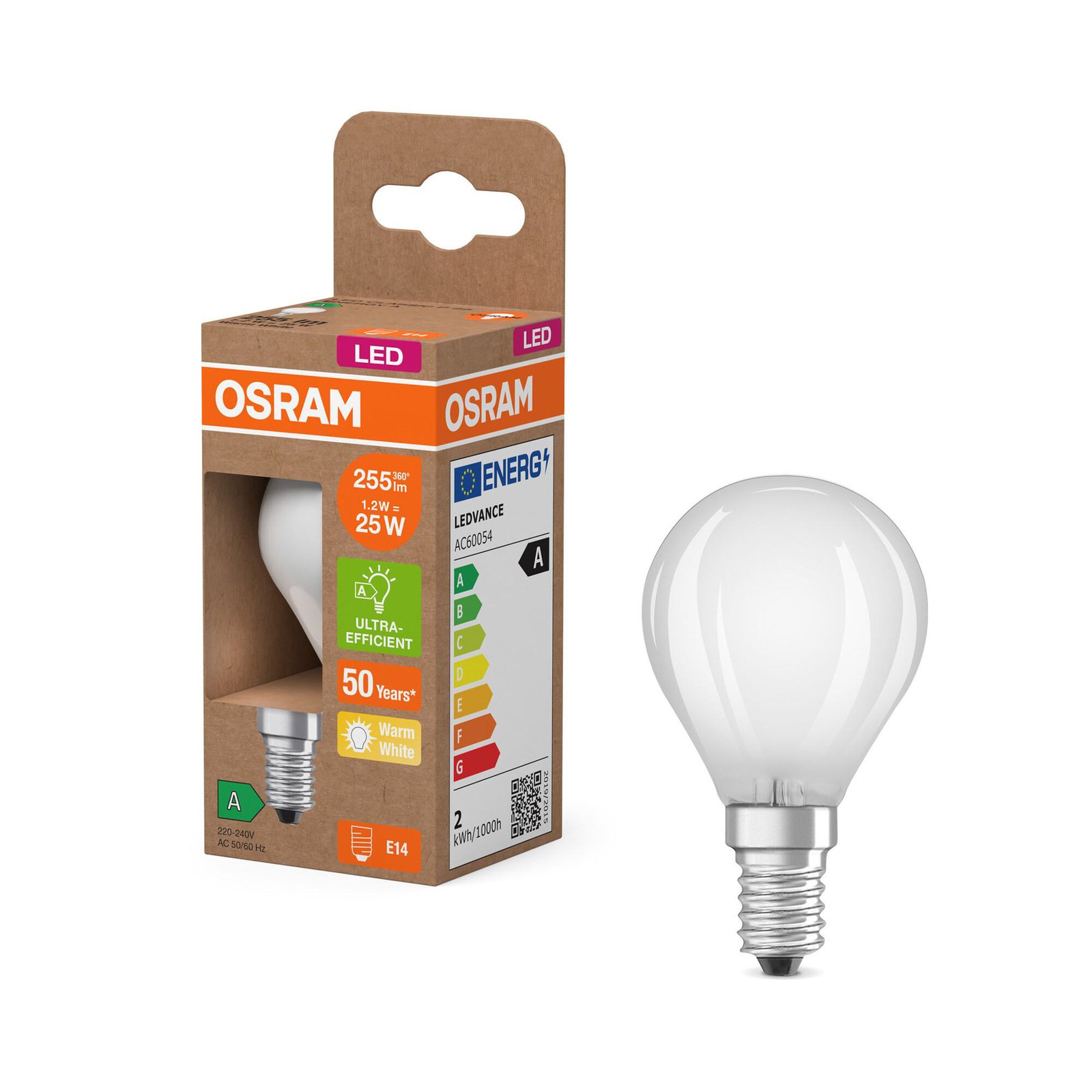 OSRAM LED-pære dråbe E14 1,2W mat 2700K 255lm