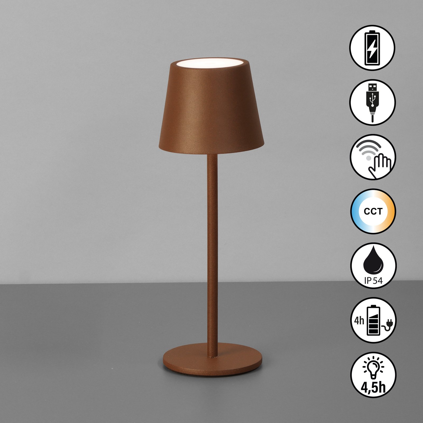 LED-Akku-Tischleuchte Roxi, rostfarben, Metall, IP54, Dimmer