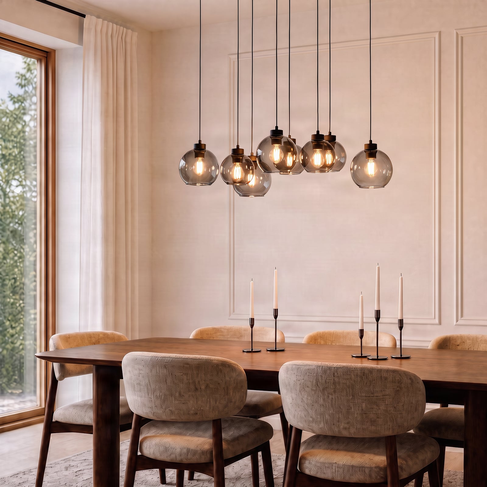 Cubus pendant light, 95 cm long, 8-bulb, smoky grey, glass Cubus pendant light, 95 cm long, 8-bulb, smoky grey, glass