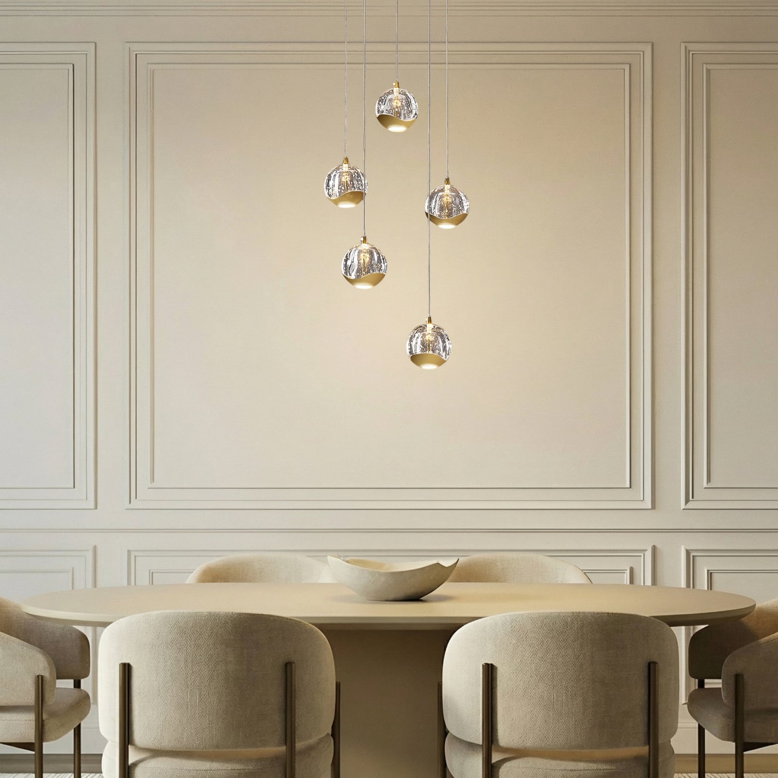 Lucande LED κρεμαστό φωτιστικό Hayley, Ø 30 cm, 5-φωτο, χρυσό, γυαλί