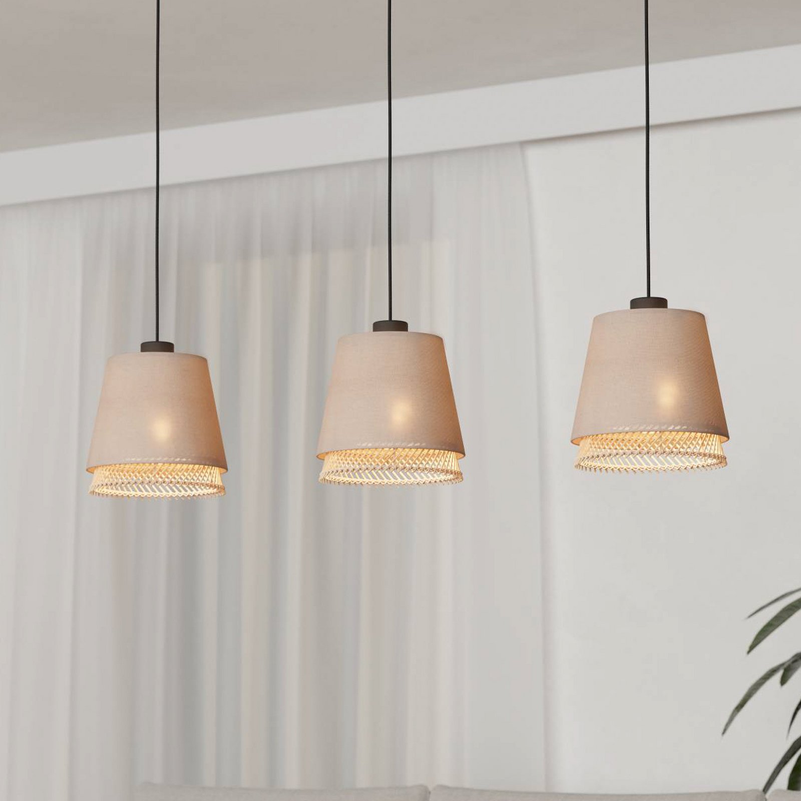 Lampa wisząca Tabley, kolor czarny/naturalny, 89 cm, tkanina, 3-punktowa.