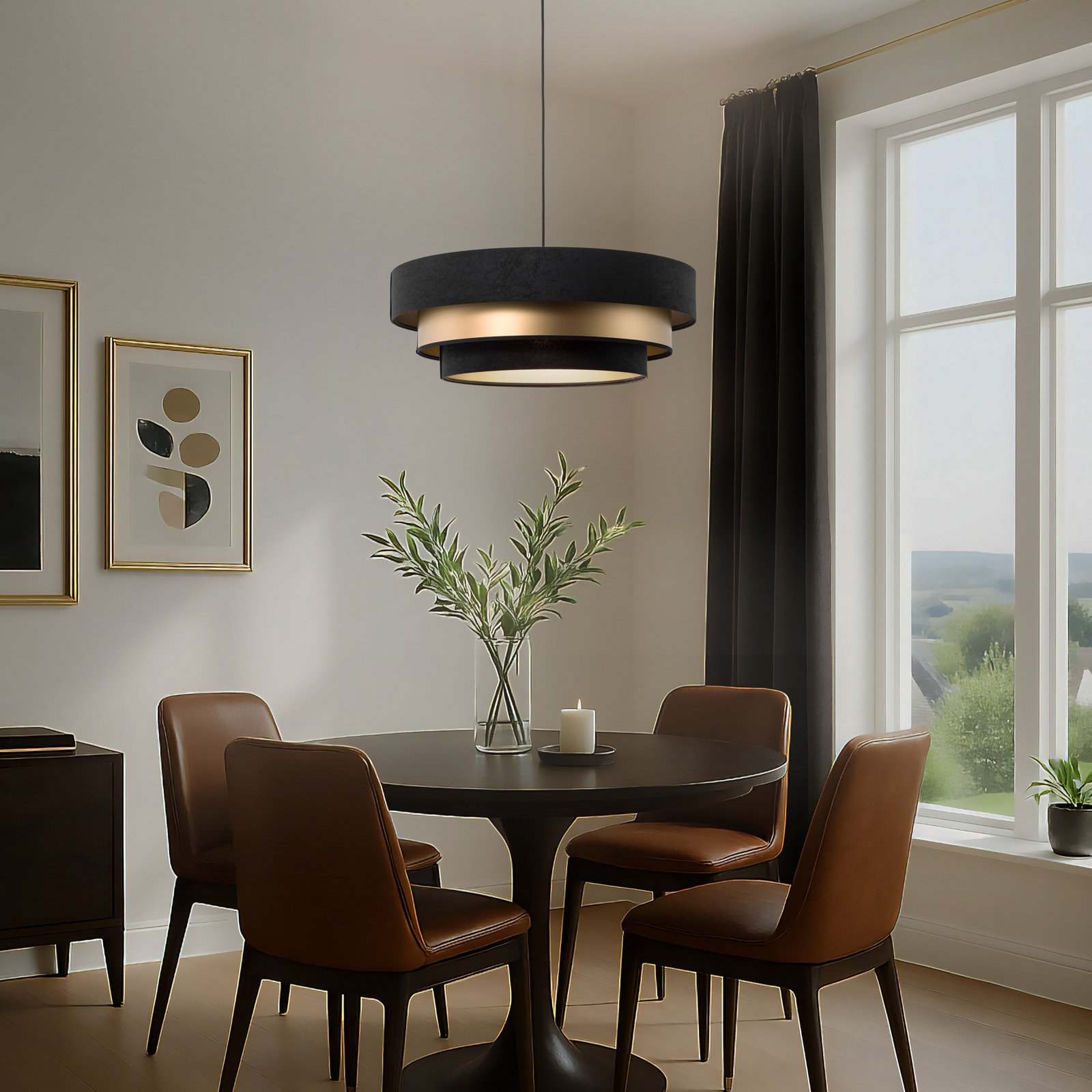 Hängeleuchte Triniti, schwarz/gold, Ø 60 cm, Textil