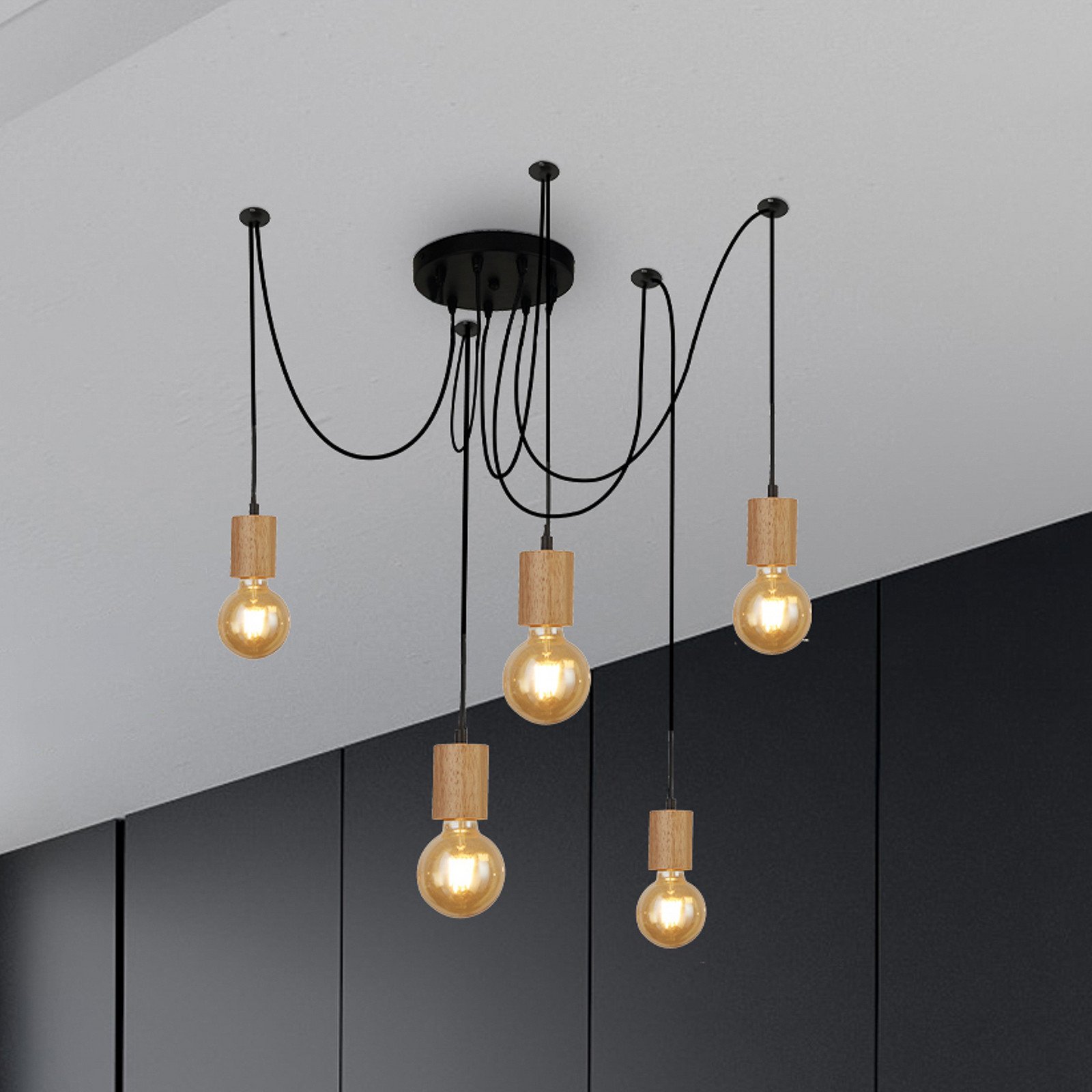 Searchlight Lampă suspendată Spinny păianjen Ø 28 cm 5 becuri lemn de cauciuc E27 - Camera de zi / sufragerie - modern - negru lemn deschis
