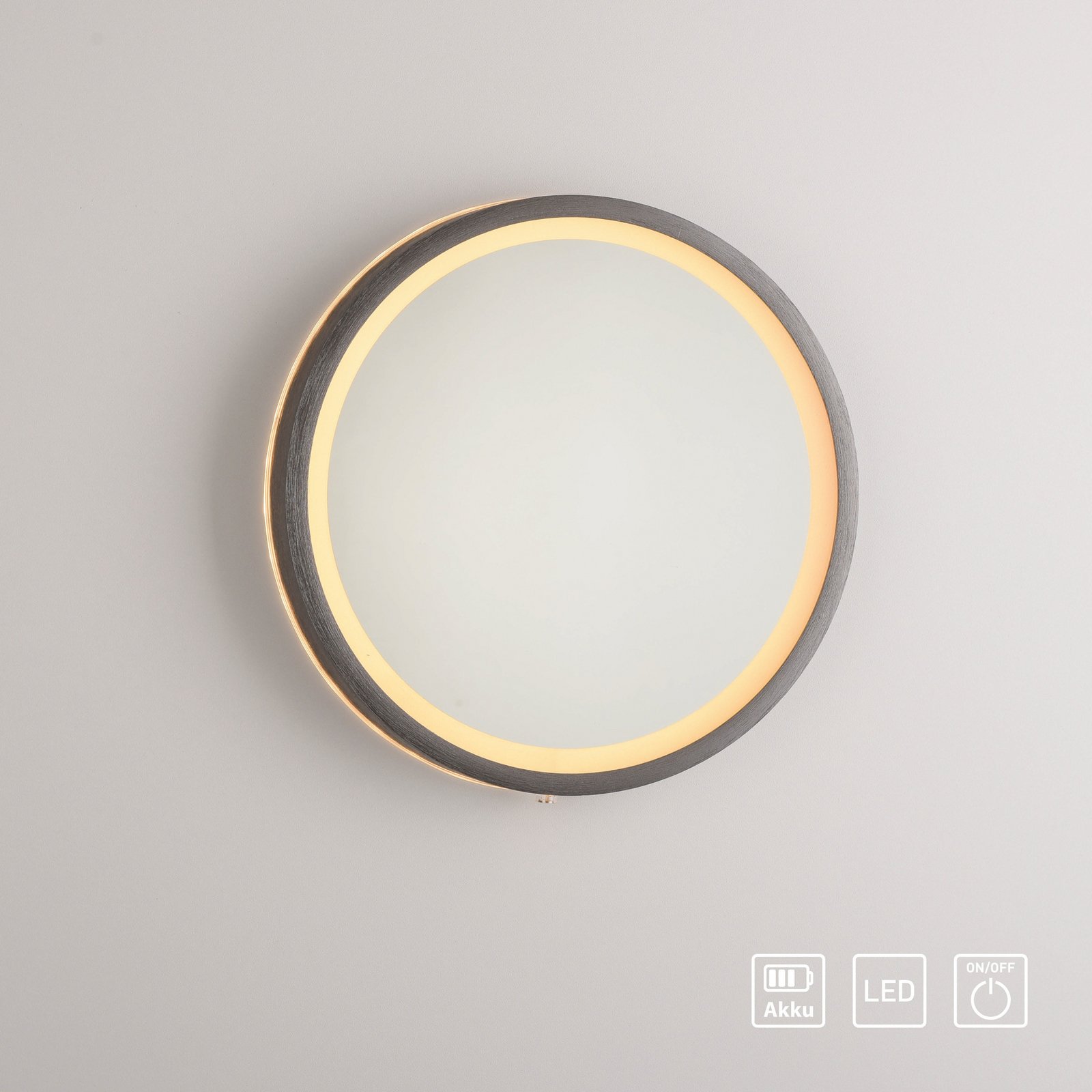 Specchio da parete a LED VIDRO, grigio, Ø 26 cm, powerbank, interruttore