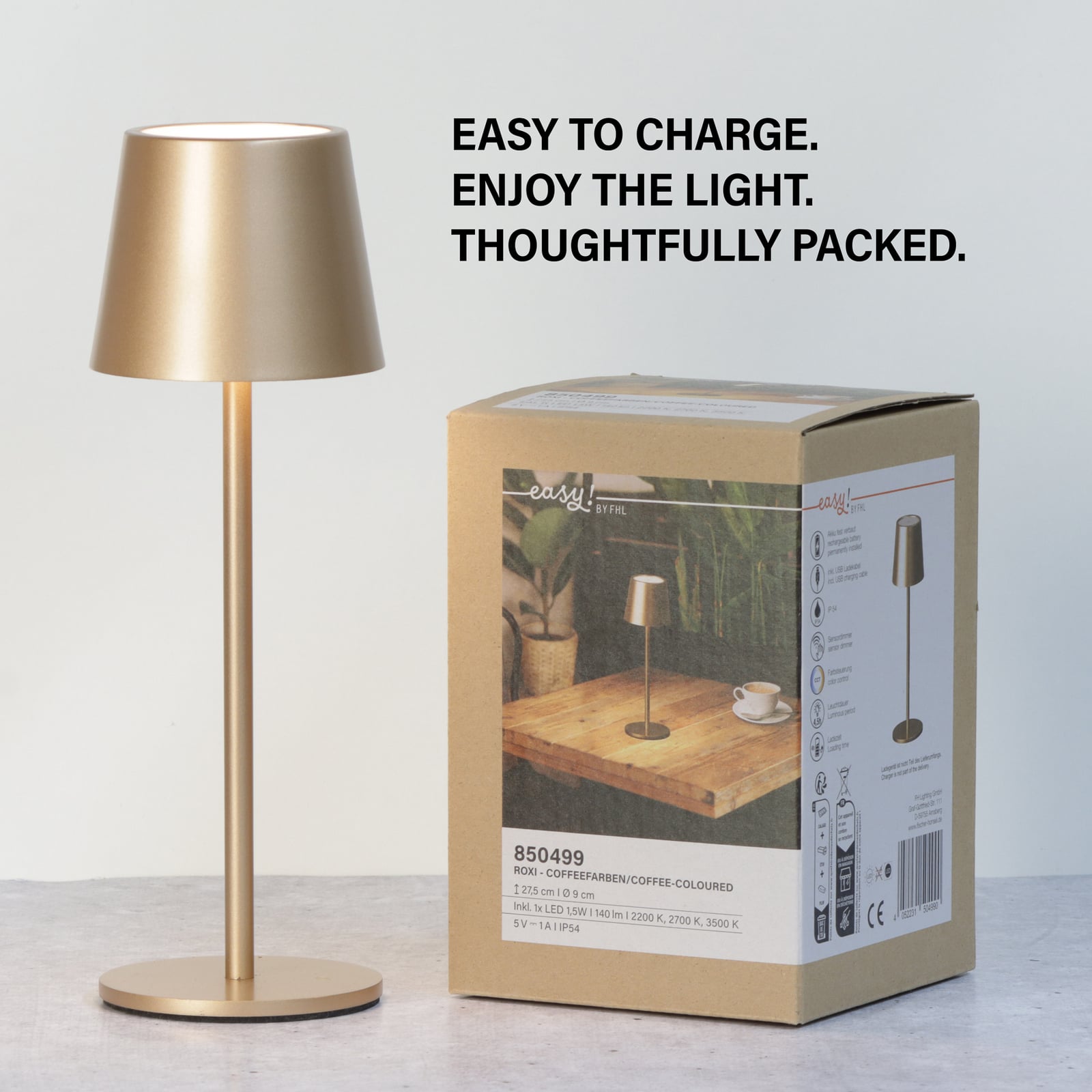 LED tafellamp Roxi, koffiekleurig, metaal, IP54, dimbaar