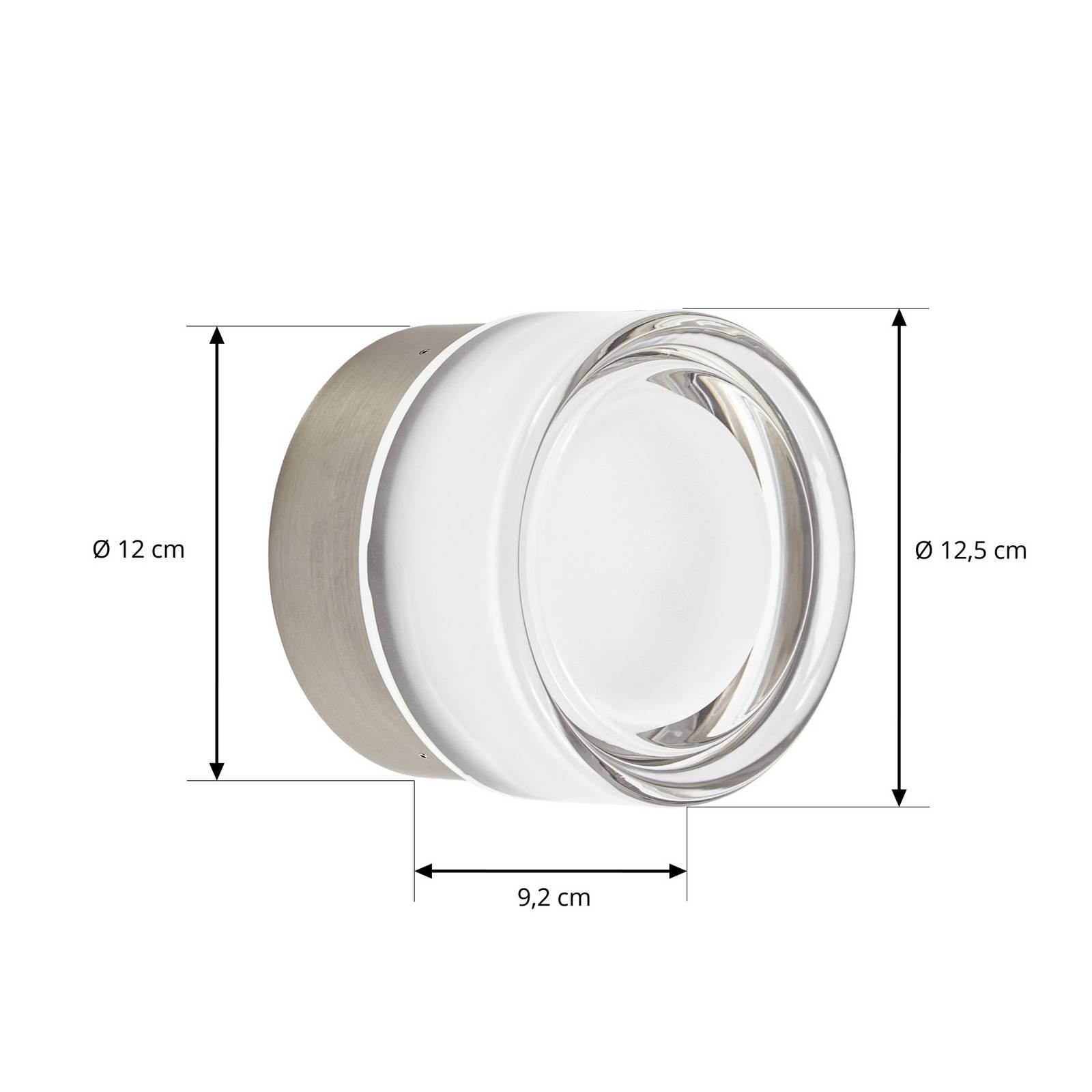 Kinkiet LED Lucande „Somber”, nikiel/przezroczysty, Ø 12,5 cm, IP44