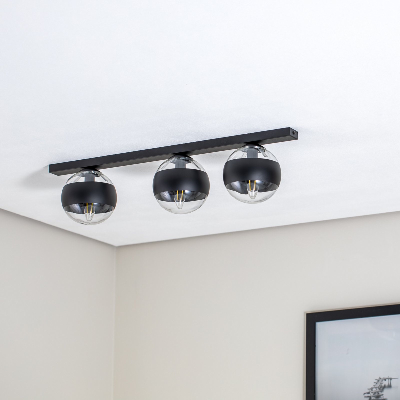 Linear ceiling light, black/clear, 3-bulb