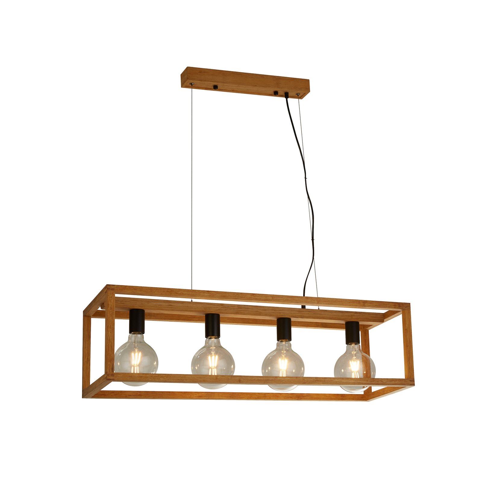 Suspension Square, 4 lampes, 90 cm de long, bambou, E27