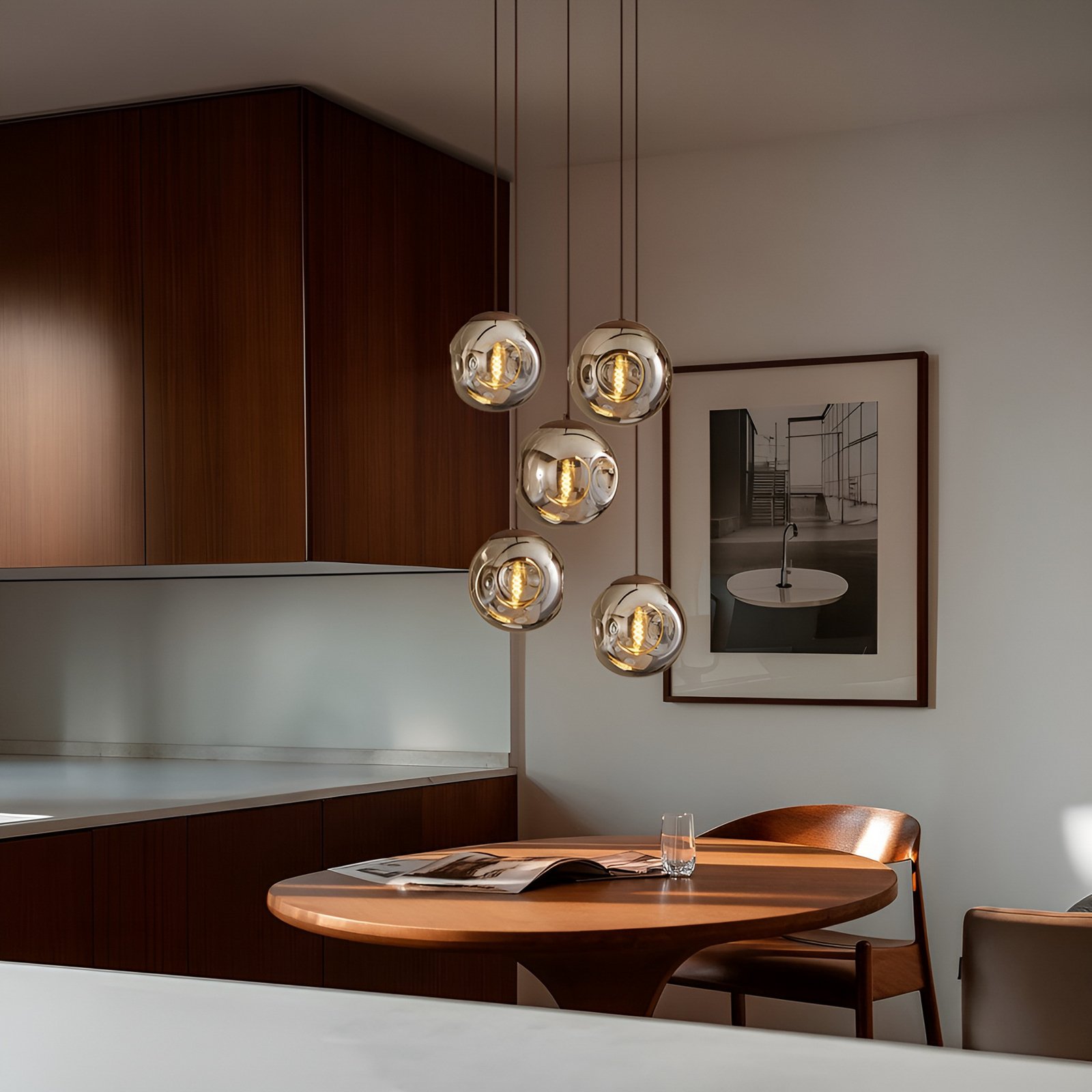 Lindby Valentina pendant light, glass, smoky grey, round, 5-bulb.