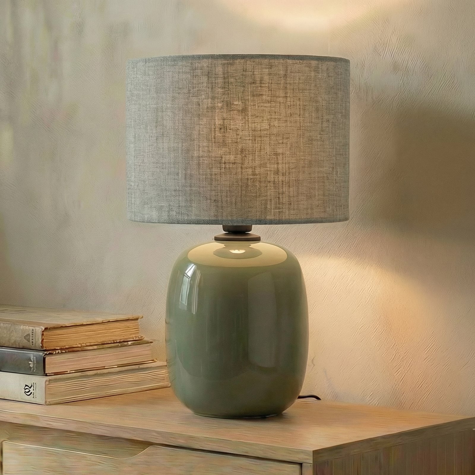 Melody table lamp, olive green, textile, height 48 cm, E27