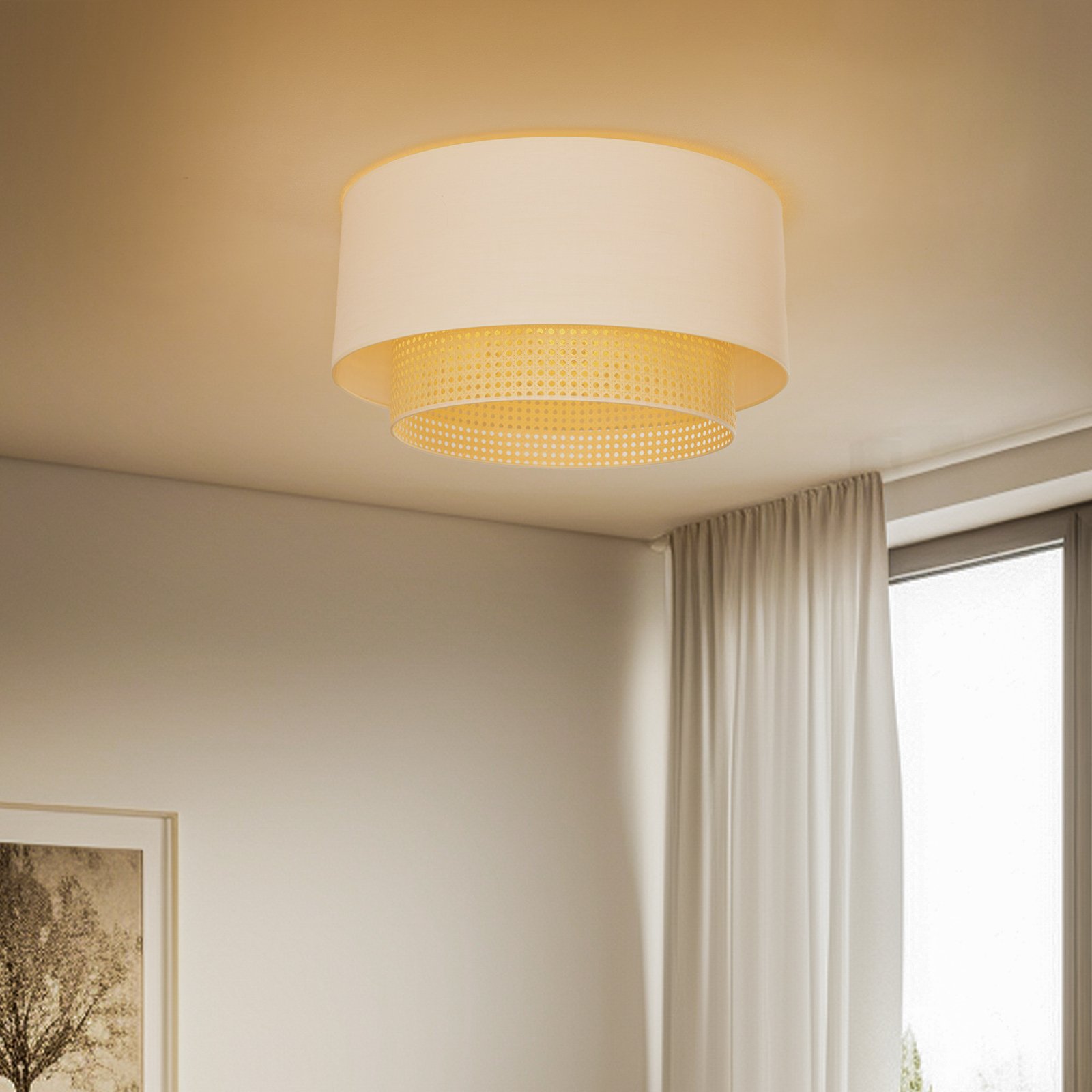 Boho ceiling light, Ø 60 cm, cream/rattan