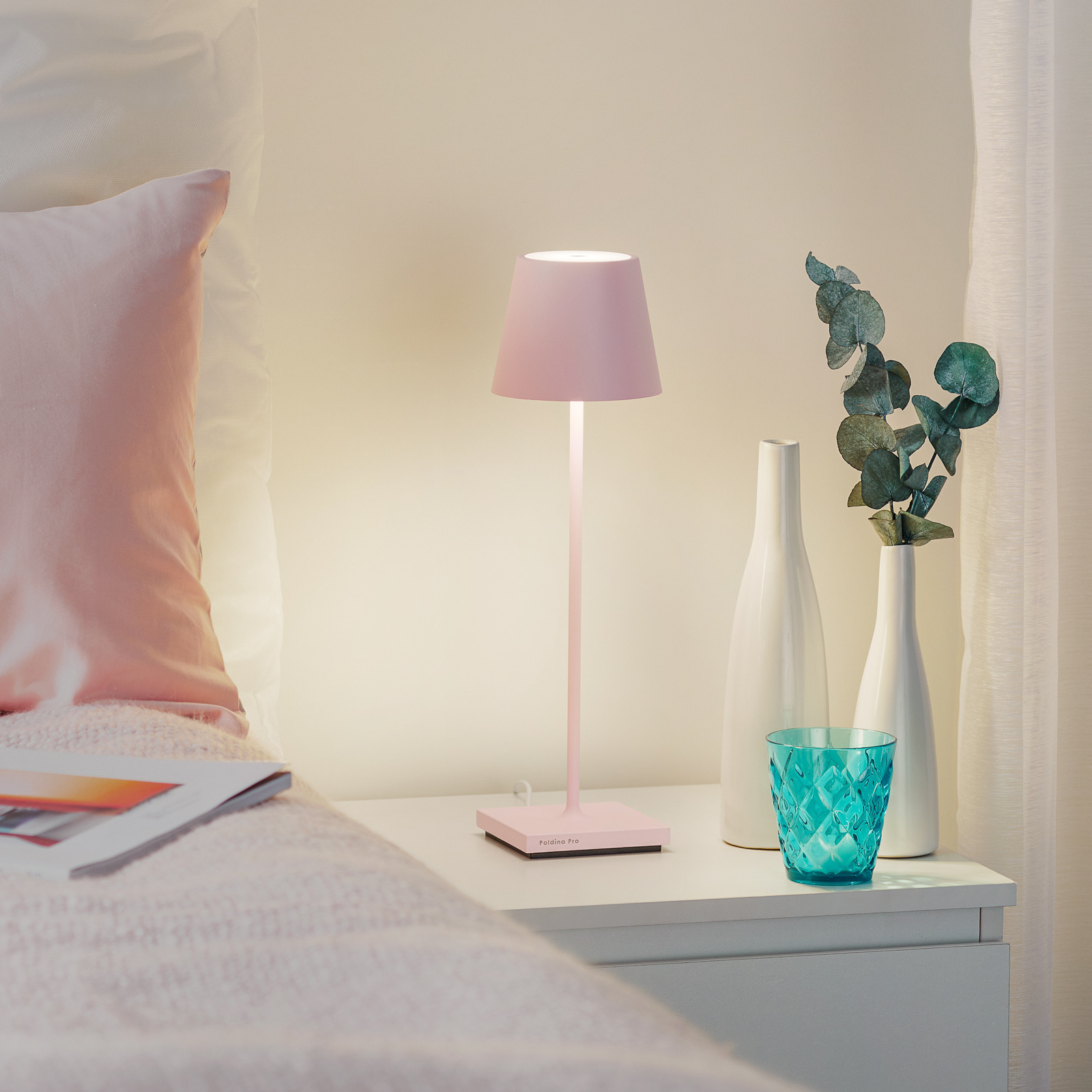LED-bordlampe Poldina med batteri, bærbar, rosa