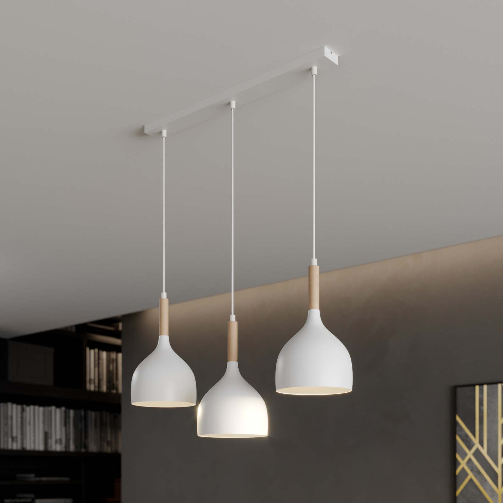 Noak hanging light 3-bulb linear white/wood