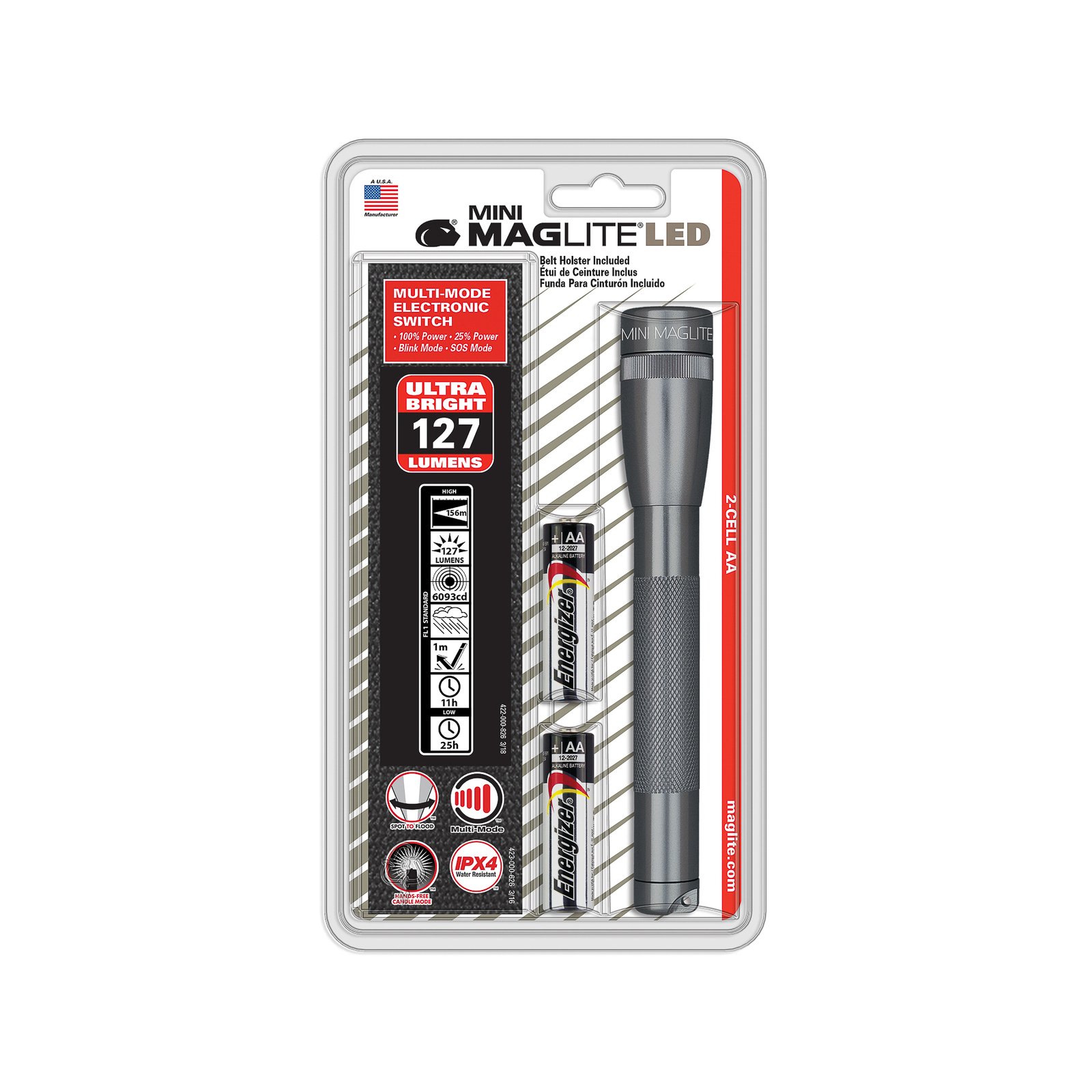 Maglite LED torch Mini, 2-Cell AA, holster, grey