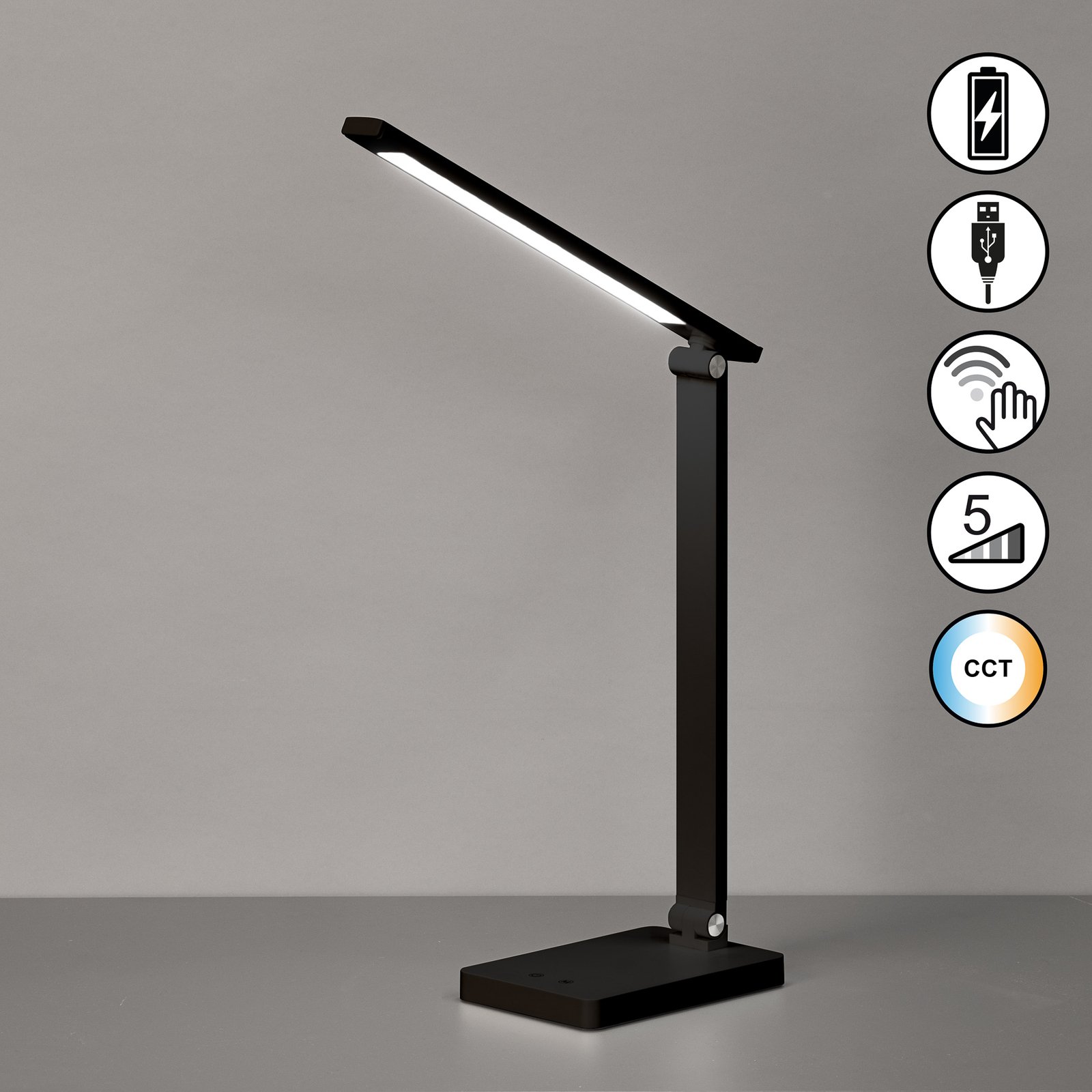 Ole LED rechargeable office desk lamp, black, sensor, dimmable, CCT