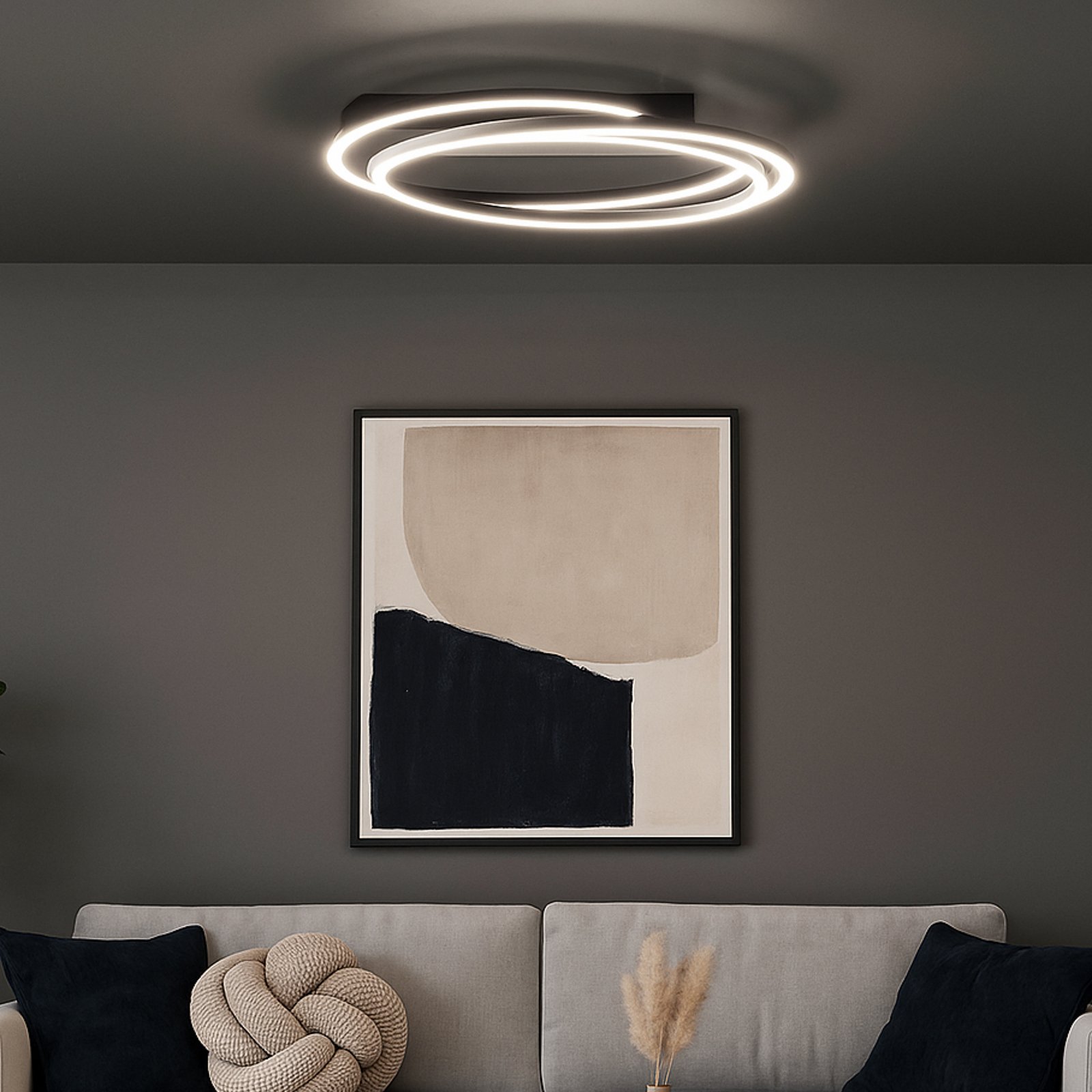 LED lubų lempa „Kiku“, skersmuo 56 cm, smėlio juodos spalvos, metalas, CCT LED lubų lempa „Kiku“, skersmuo 56 cm, smėlio juodos spalvos, metalas, CCT