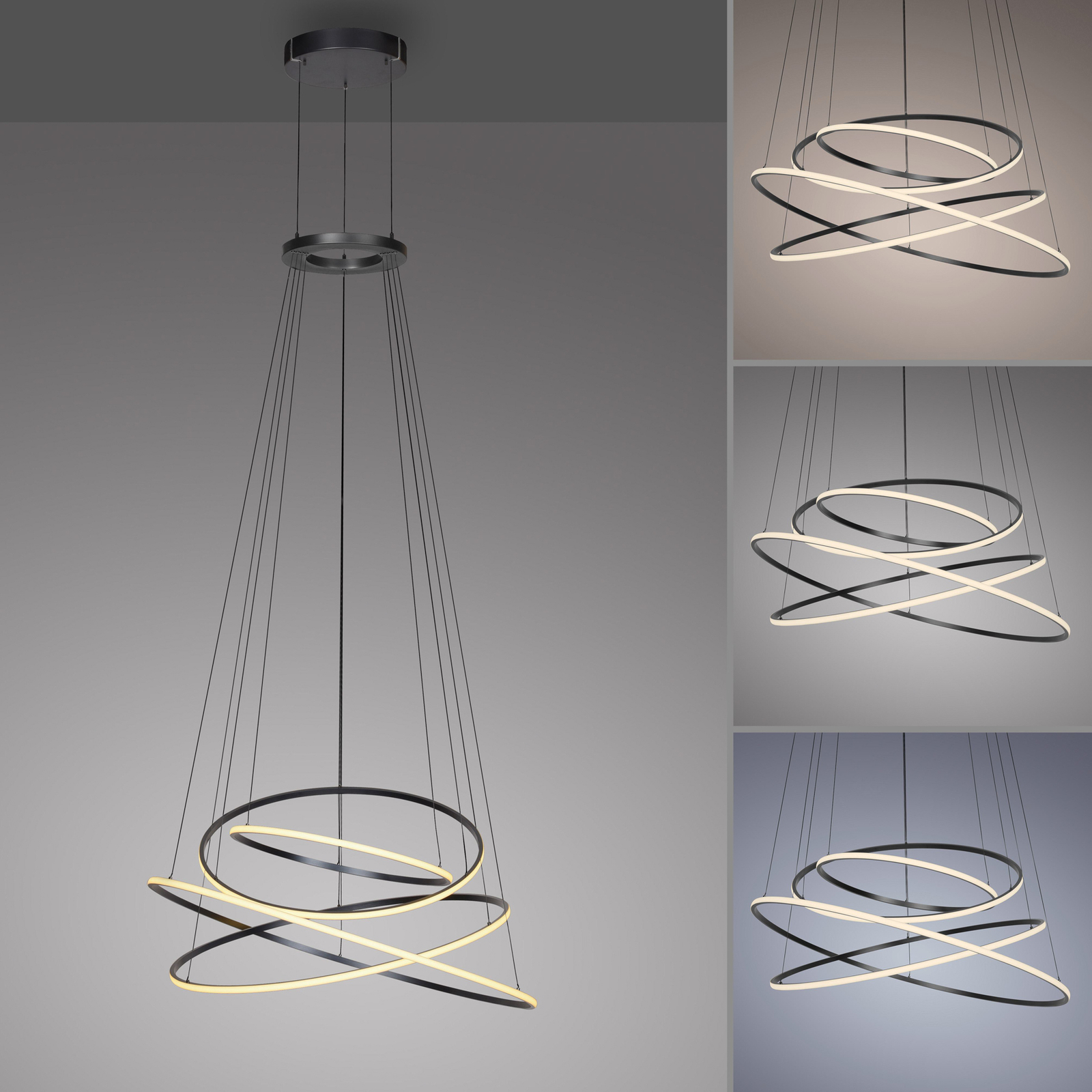 PURE LED hengelampe E-Flying Rings, grå, Ø 110 cm, CCT