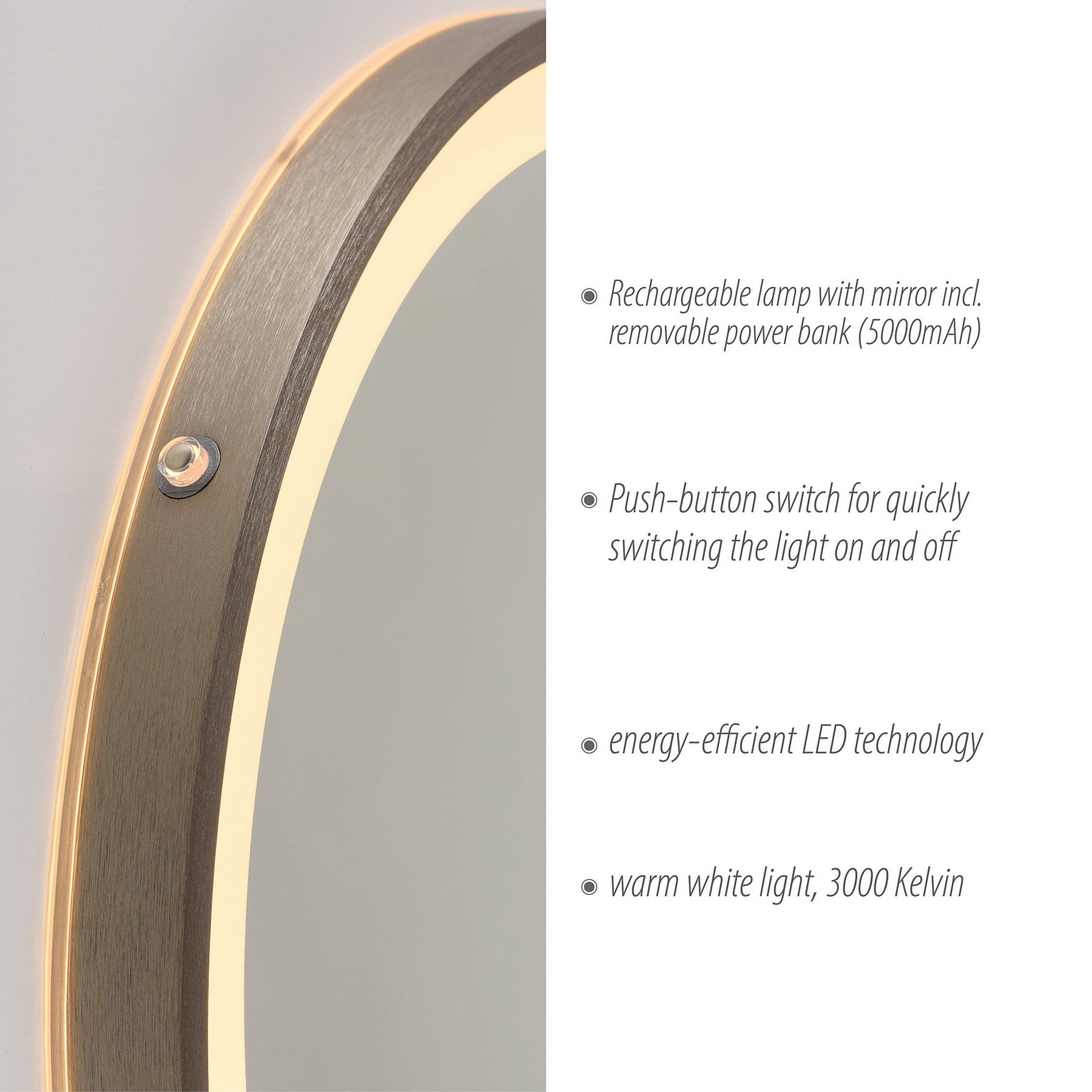 LED-Wandspiegel VIDRO, bronze, Ø 46 cm, Powerbank, Schalter