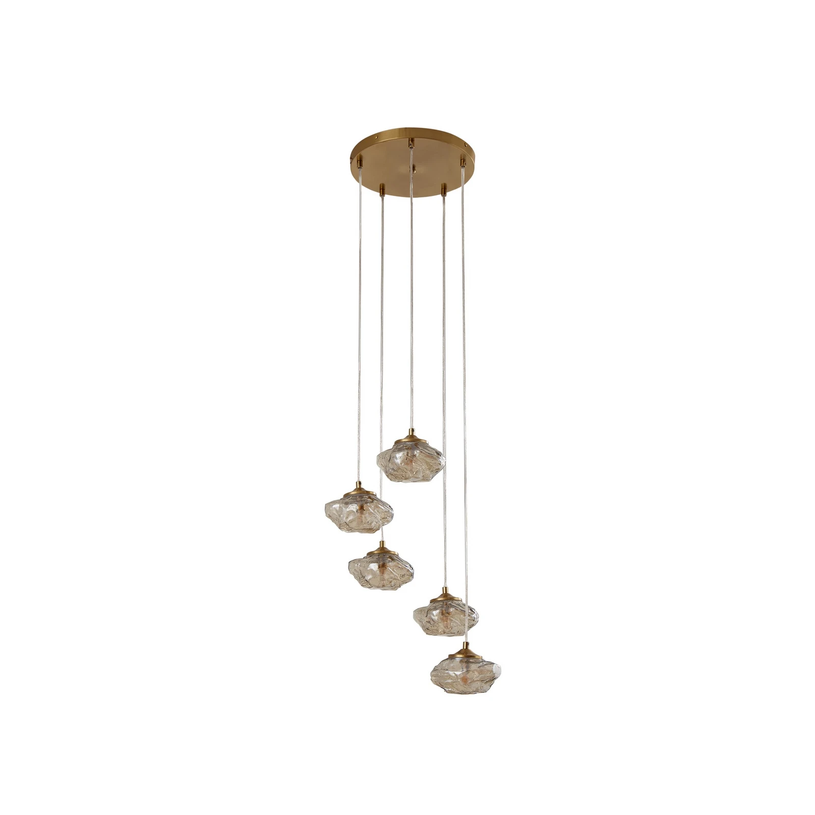 Lampada a sospensione Lindby Piatra, Ø45cm, a 5 luci, cognac/ottone, vetro