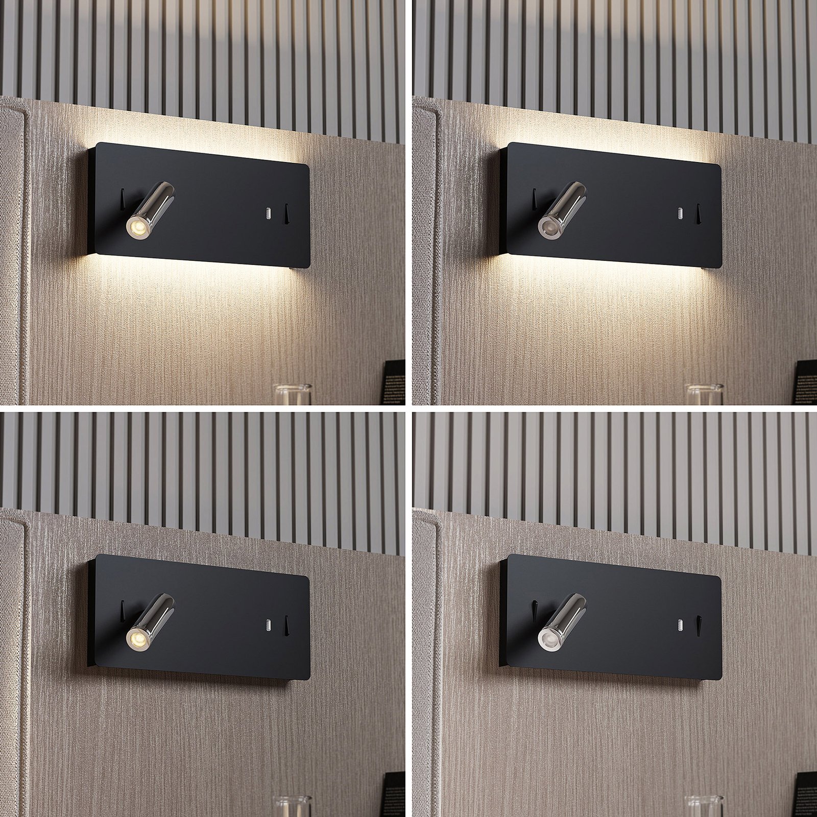 Lucande Kimo LED-Wandlampe eckig schwarz, USB-Slot